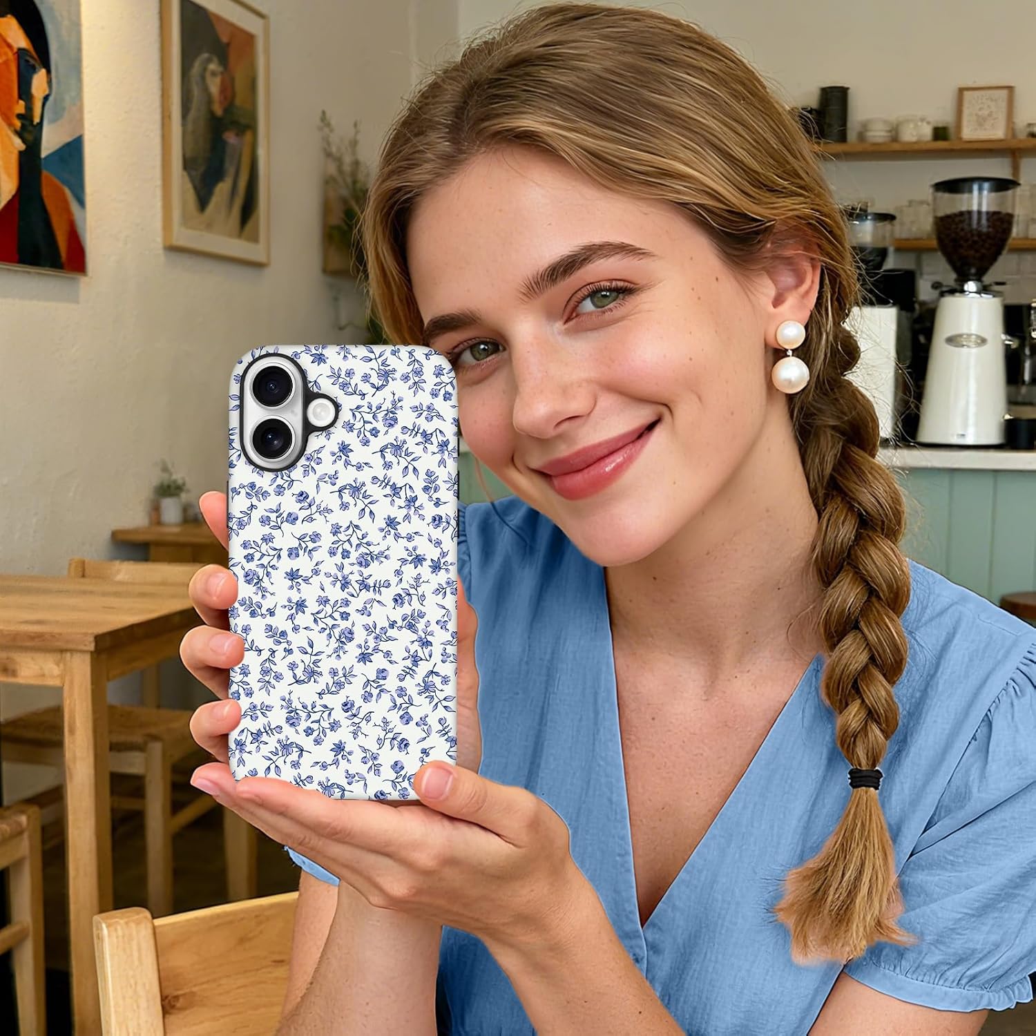 SOKAD Magnetic Floral Phone Case for iPhone 17, Cute Blue Flower Pattern Compatible with Magsafe Matte Protective Case Cover with Screen Protector for Girls Women