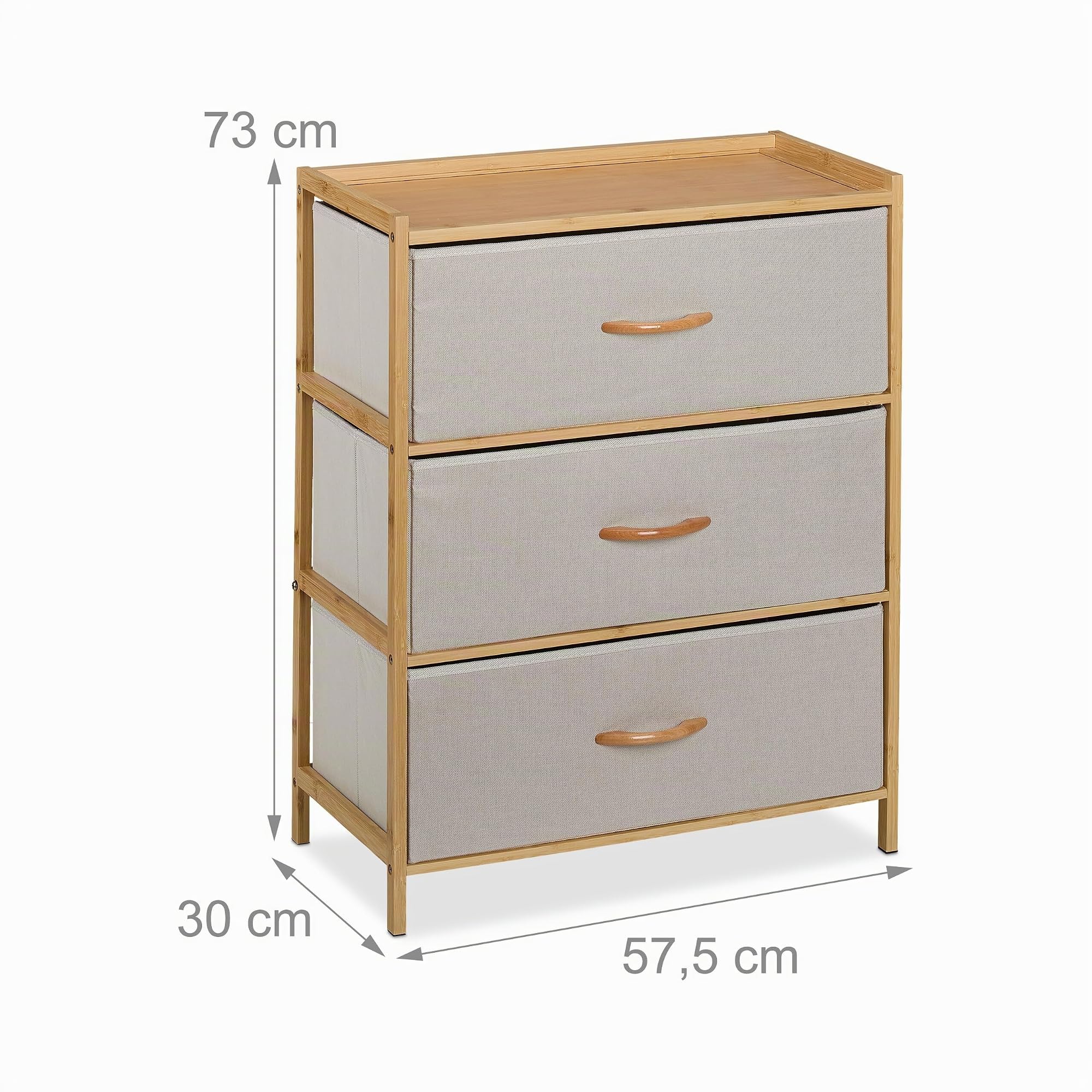 Relaxdays Cassettiera Camera da Letto, Comò 3 Cassetti in Tessuto, HLP: 73x57,5x30 cm, Struttura Bambù Naturale, Beige