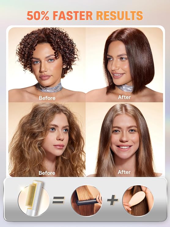 SHEGLAM Hair Straightener Brush, Hair Straightener with 24K Gold Comb, 3D Ionic Hot Comb Straightener, Anti-Scald Design, Fast Heat-Up, Auto-Off, Frizz Control, Sleek & Smooth Styling