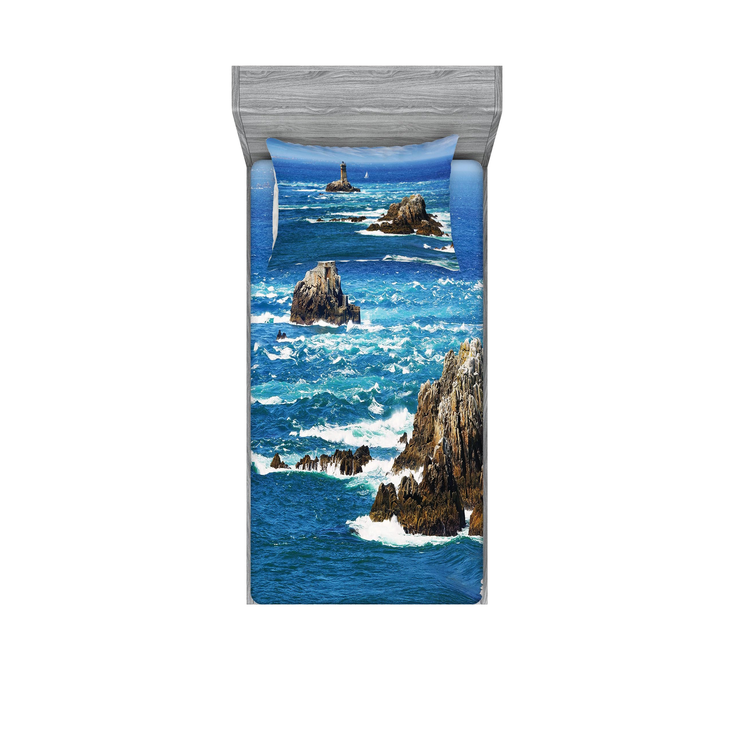 Ambesonne Lighthouse Fitted Sheet & Pillow Sham Set, Daytime Lighthouse Wavy Ocean View and Clear Sky Rocky Islands Sailboat, Decorative Printed 2 Piece Bedding Decor Set, Twin, Blue Gray