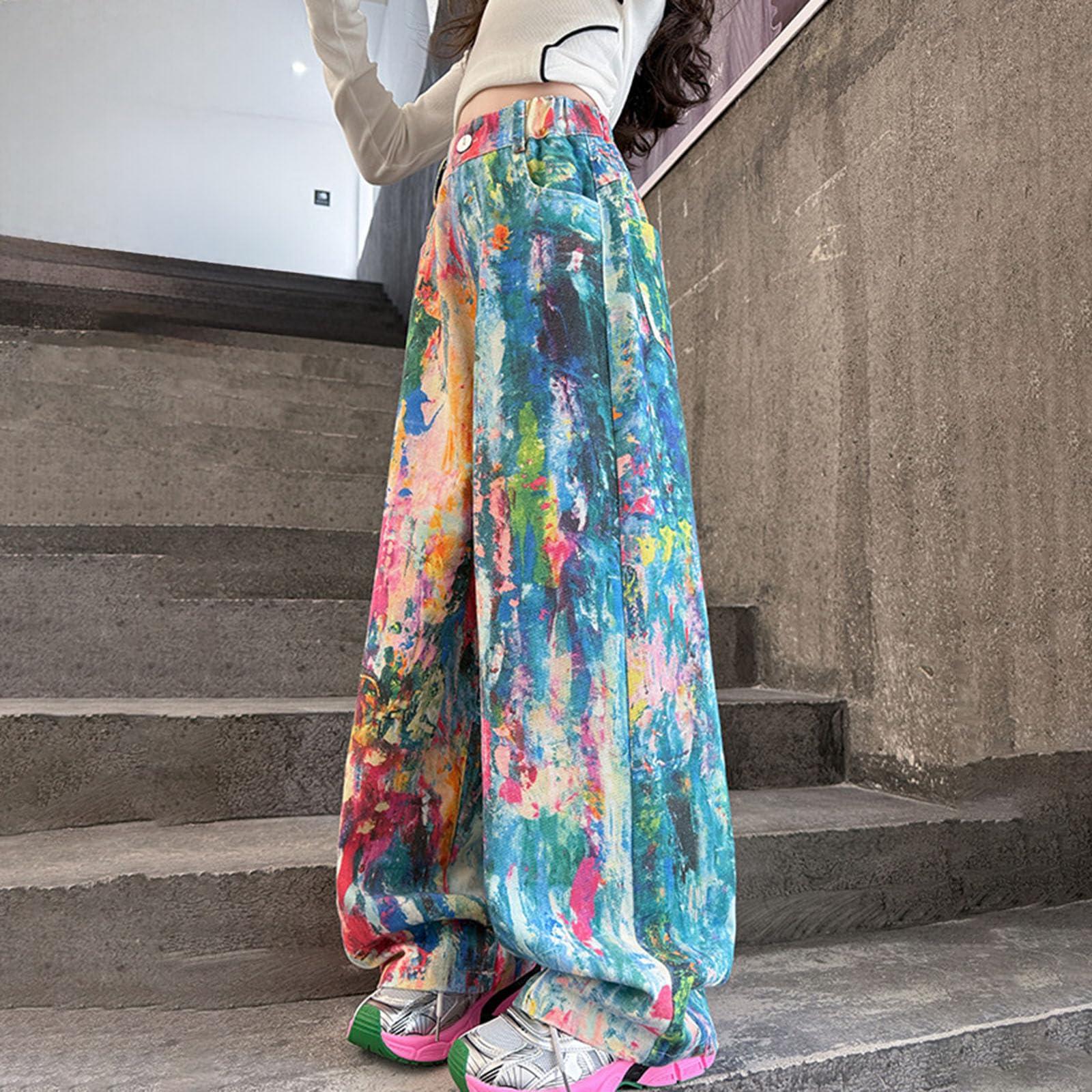 Pantalones Vaqueros Holgados para NiñAs, TeñIdo Tie-Dye Colorido Estilo, De Cintura Alta, De Pierna Ancha, Holgados, Estilo Streetwear, Vaqueros De Mezclilla, Ropa Hip Hop, para Adolescentes