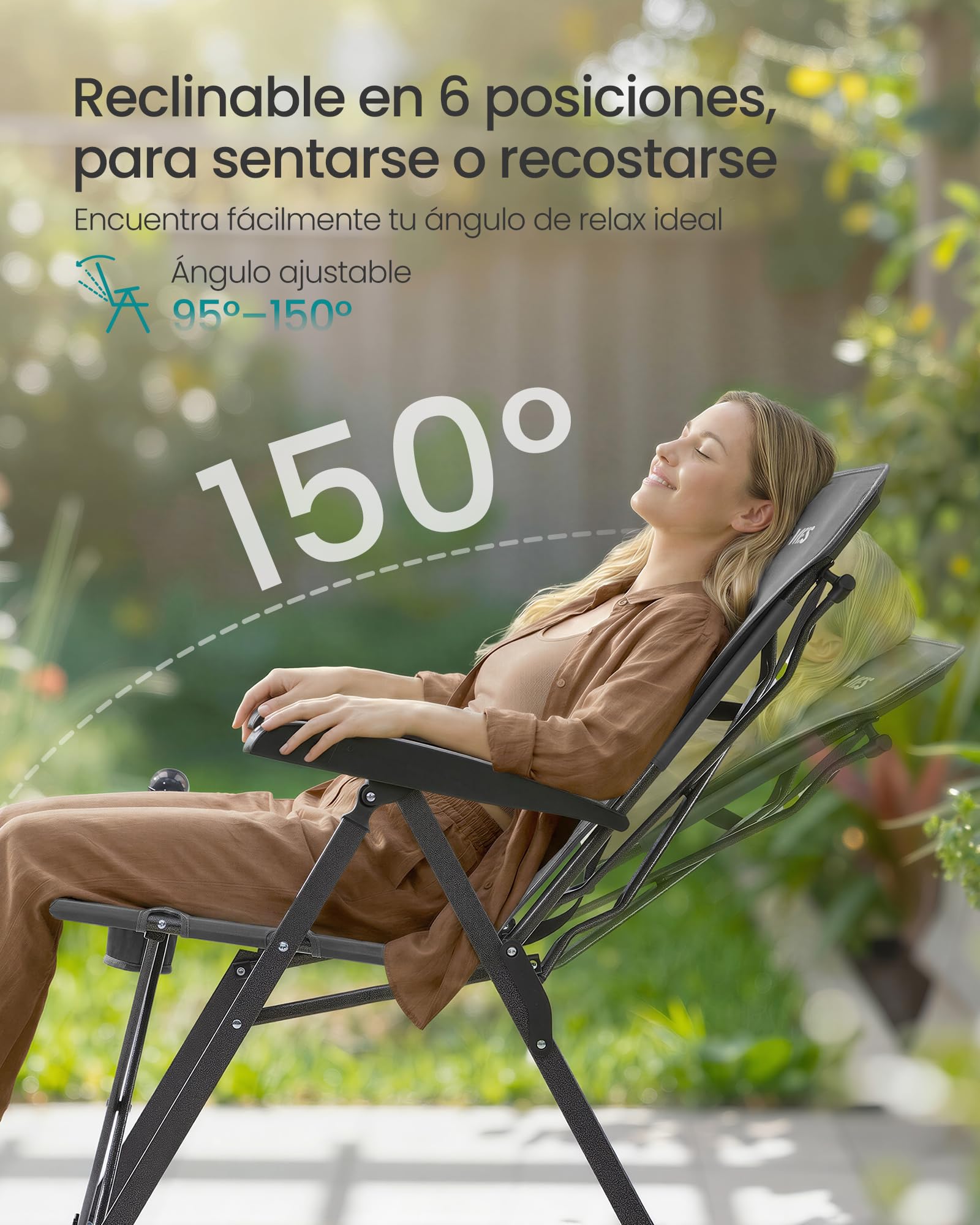 SONGMICS Silla de Camping para Adultos, Reclinable 95°-150°, Plegable, Respaldo Alto Ajustable, con Portavasos y Bolsa con Correa para el Hombro, Jardín, Pícnic, Pesca, Gris GCB015GZ01 — view 5