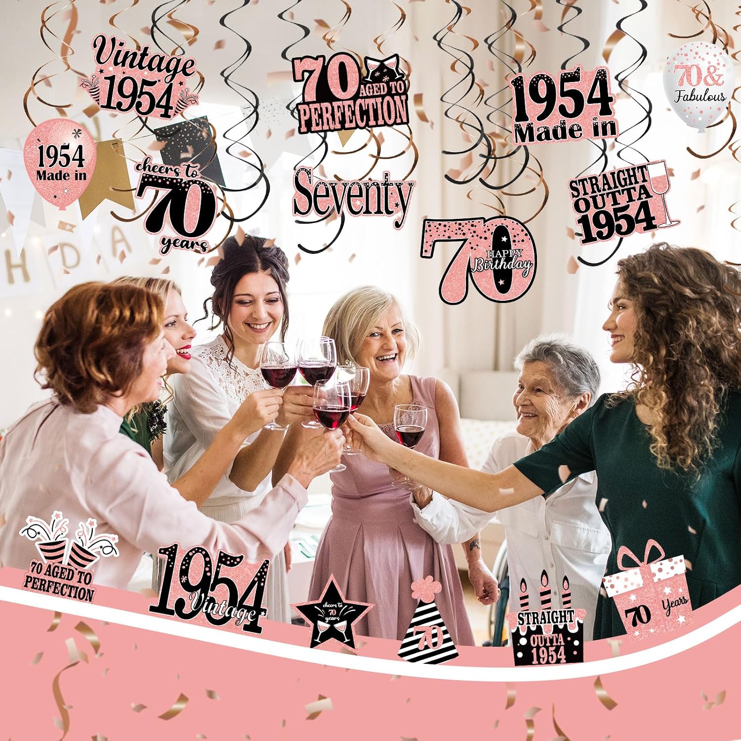 36PCS Rose Gold 70th Birthday for Women Party Decorations Vintage 1954 Hanging Swirls Seventy Years Old Party Supplies Ceiling Hanging Decor for Birthday Anniversary Vintage 1954 Party Favors