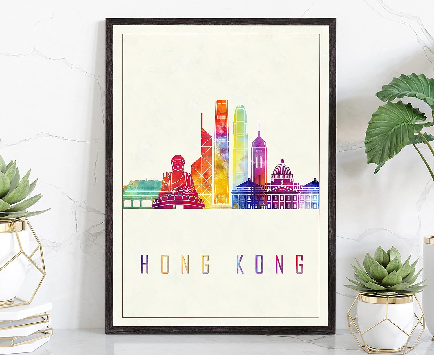 Modern Illustration World Cities Poster, Hong Kong Landmarks Watercolor Poster, Chinese Poster, Chinese Hong Kong Cityscape Art Poster Print - 12 * 18 Inches