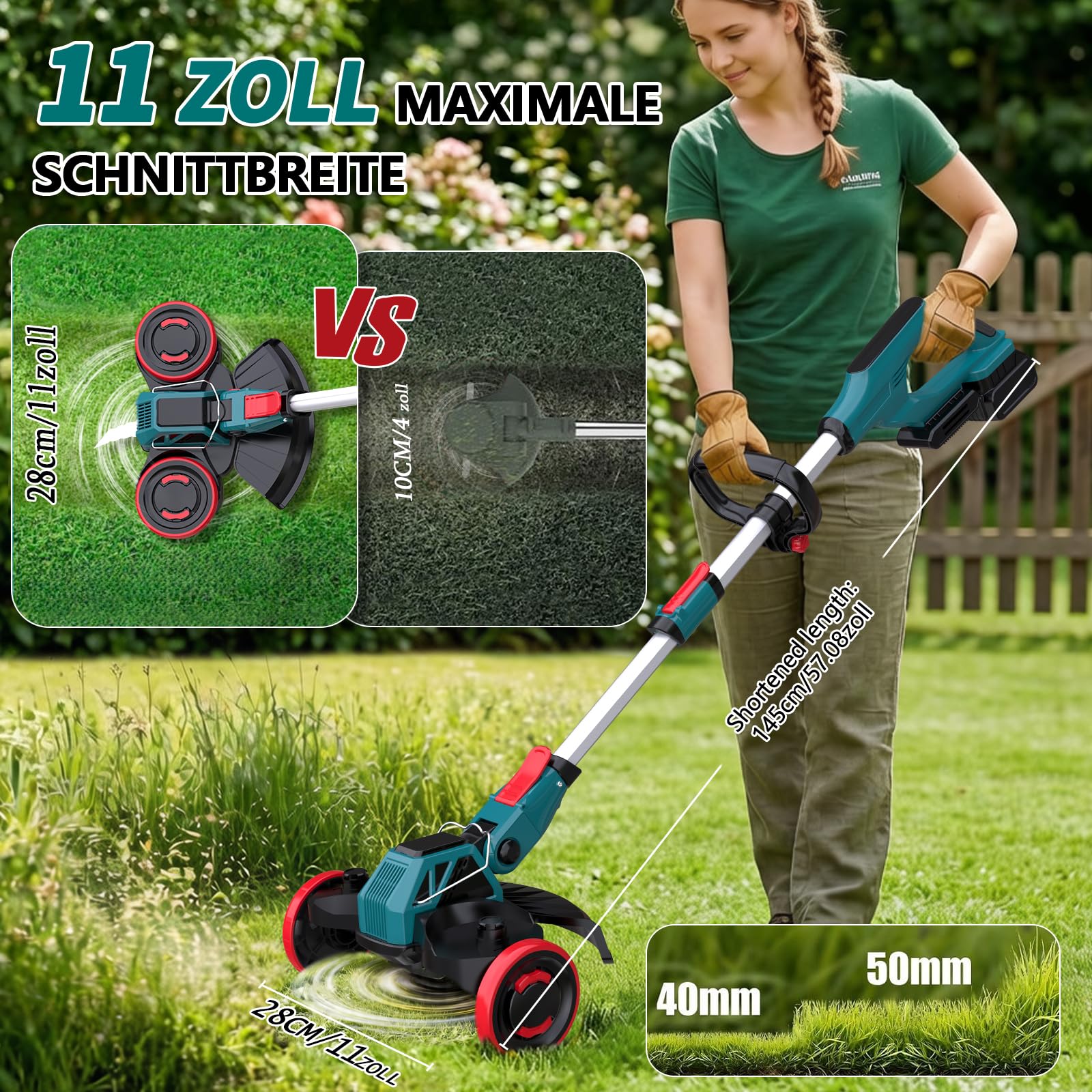 Akku Rasentrimmer mit Unkrautbürste, 21V Bürstenlose Rasenkantenschneide für Makita Akkus,4 in 1 Elektrischer Freischneider, Inkl. 2X4.0Ah Akku & Ladegerät für Garden Trimmen (Blau)