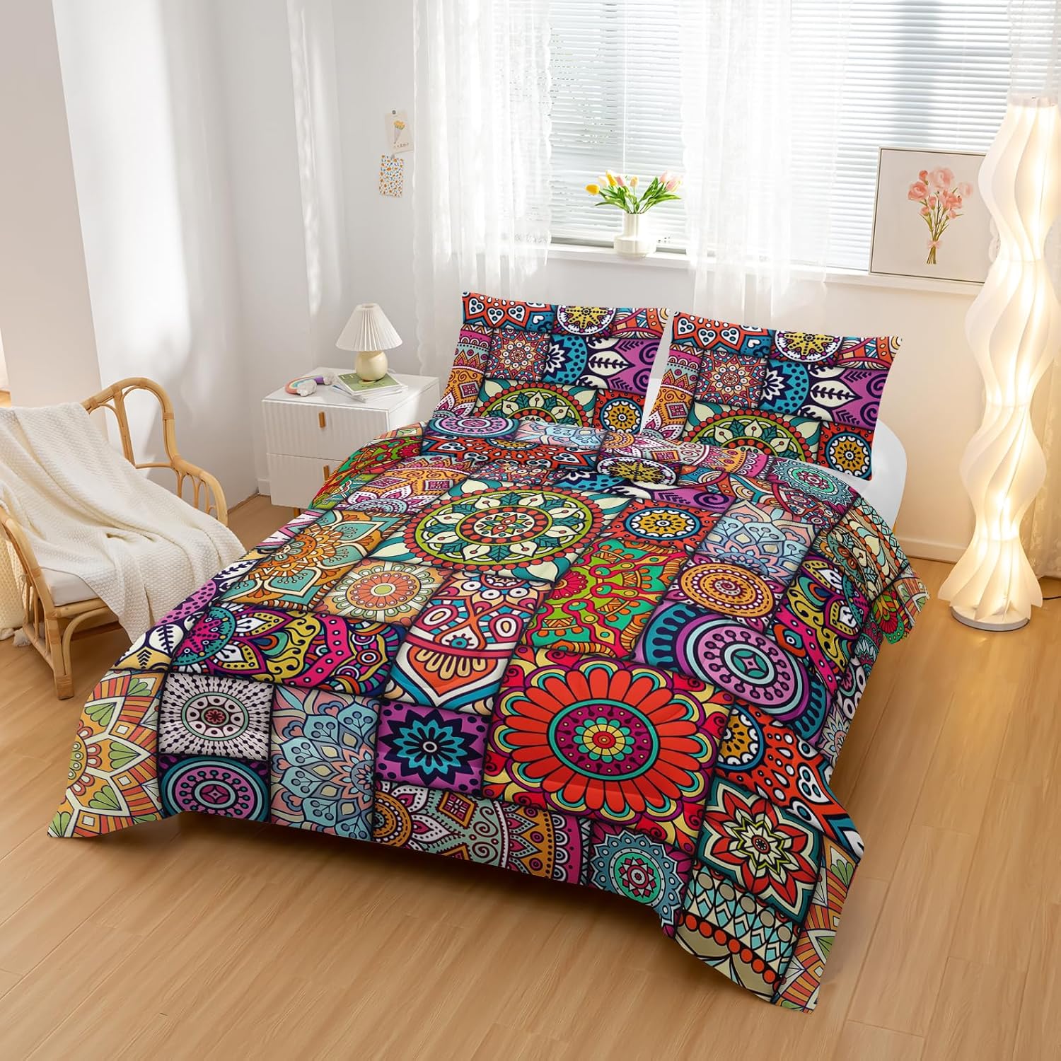 Nttopship Colorful Bohemian Comforter Sets Full Size,Geometry Bohemia Bedding Set for Your Room,Abstract Soft Lightweight Quilted Set All Season,1 Comforter and 2 Pillowcases