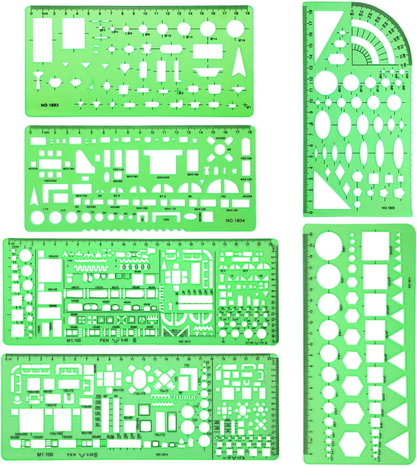 Shappy 6 Pieces Plastic Measuring Templates Building Formwork Stencils Geometric Drawing Rulers for Office and School, Clear Green