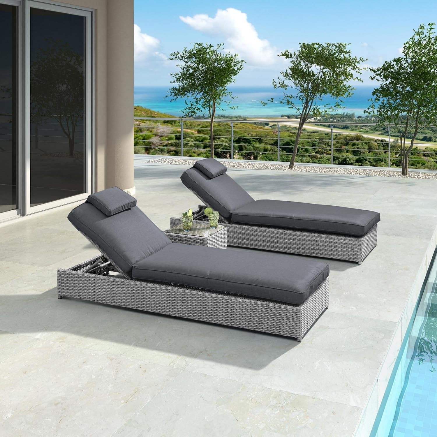DEVOKO Outdoor Wicker Loungers Thick Cushions & Matching Table, Patio Rattan Furniture Sets for Pool Side, Balcony, Beach (Silver & Dark Gray)