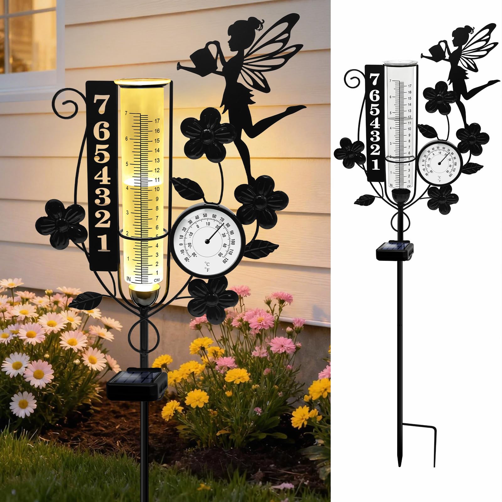 Metal Fairy Number Solar Rain Gauge Outdoor with LED Light and Thermometer