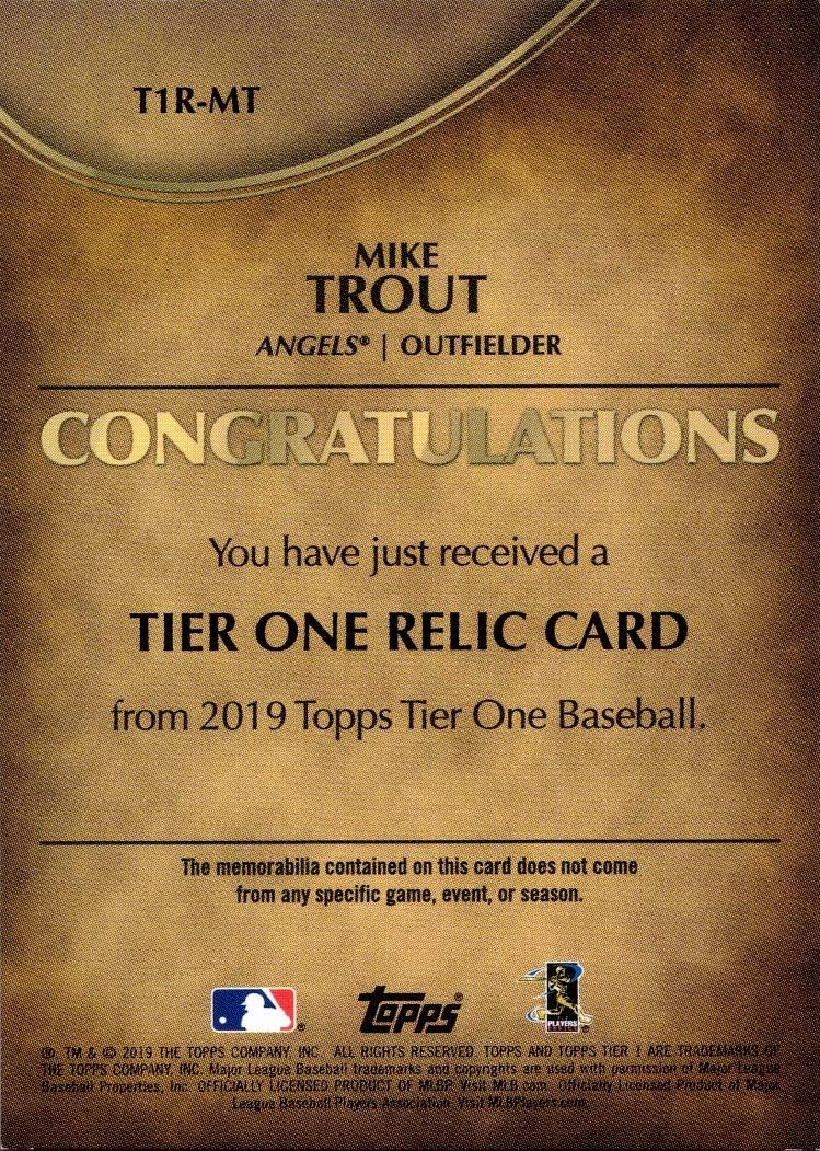 2019 Topps Tier One Relics #T1R-MT Mike Trout Game Worn Angels Jersey Baseball Card - Red Jersey Swatch - Only 375 made!