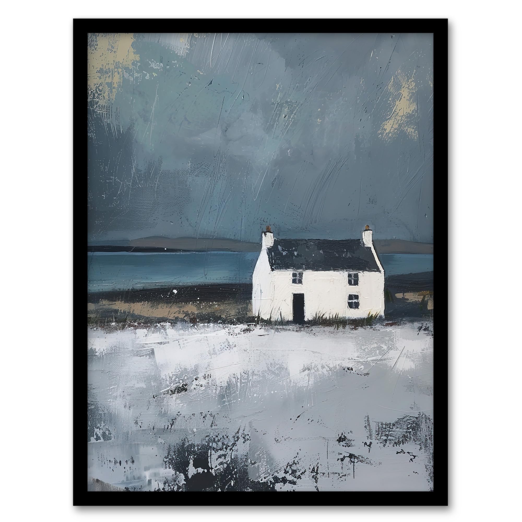 Artery8 Scottish Lochside Farmhouse Oil Painting Shore Living Room Artwork Framed Wall Art Print A4
