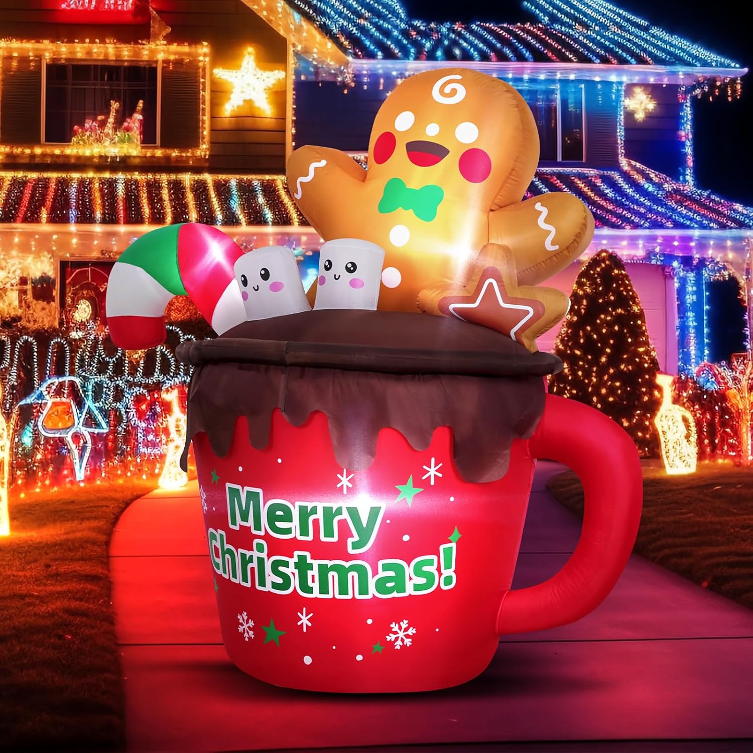 6FT Christmas Inflatables Outdoor Decorations, Gingerbread Christmas Inflatable Hot Cocoa Mug with Built-in LEDs Blow Up Christmas Decoration for Garden Lawn Yard Patio Xmas Inflatable - Image 2