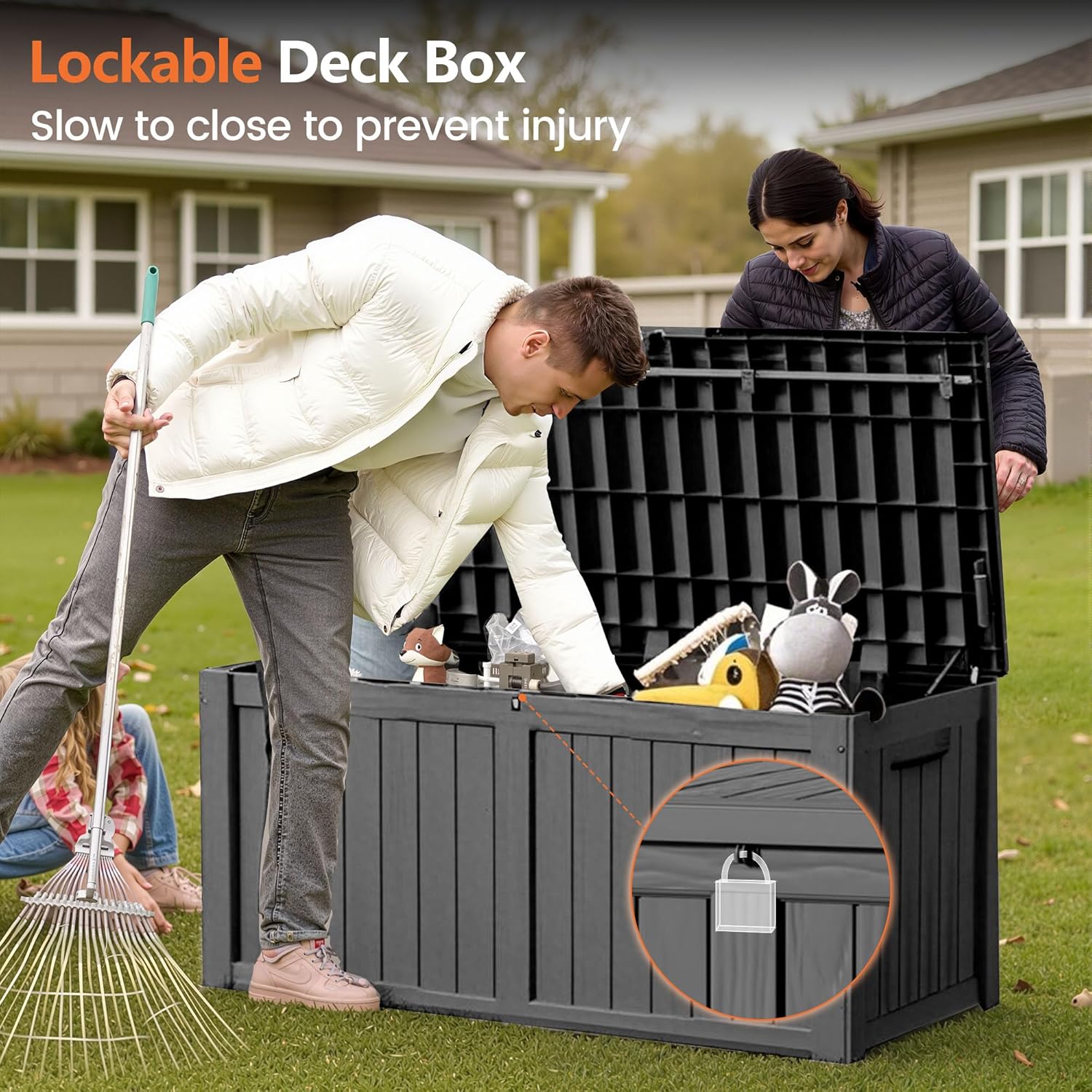 120 Gallon Outdoor Storage Box - Waterproof Resin Deck Box with Stainless Steel Rods - Lockable & Fade Resistant Storage Bin for Patio Cushions & Garden Tools, Black