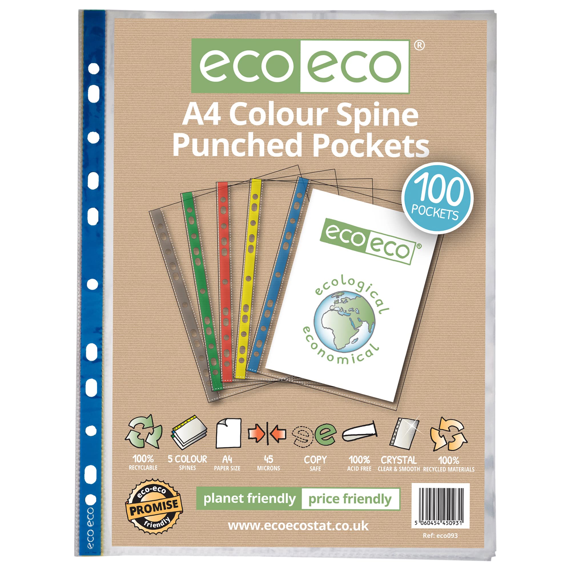 A4 Multi Colour Spine Punched Pockets, 100% Recycled Pack Of 25 - Eco