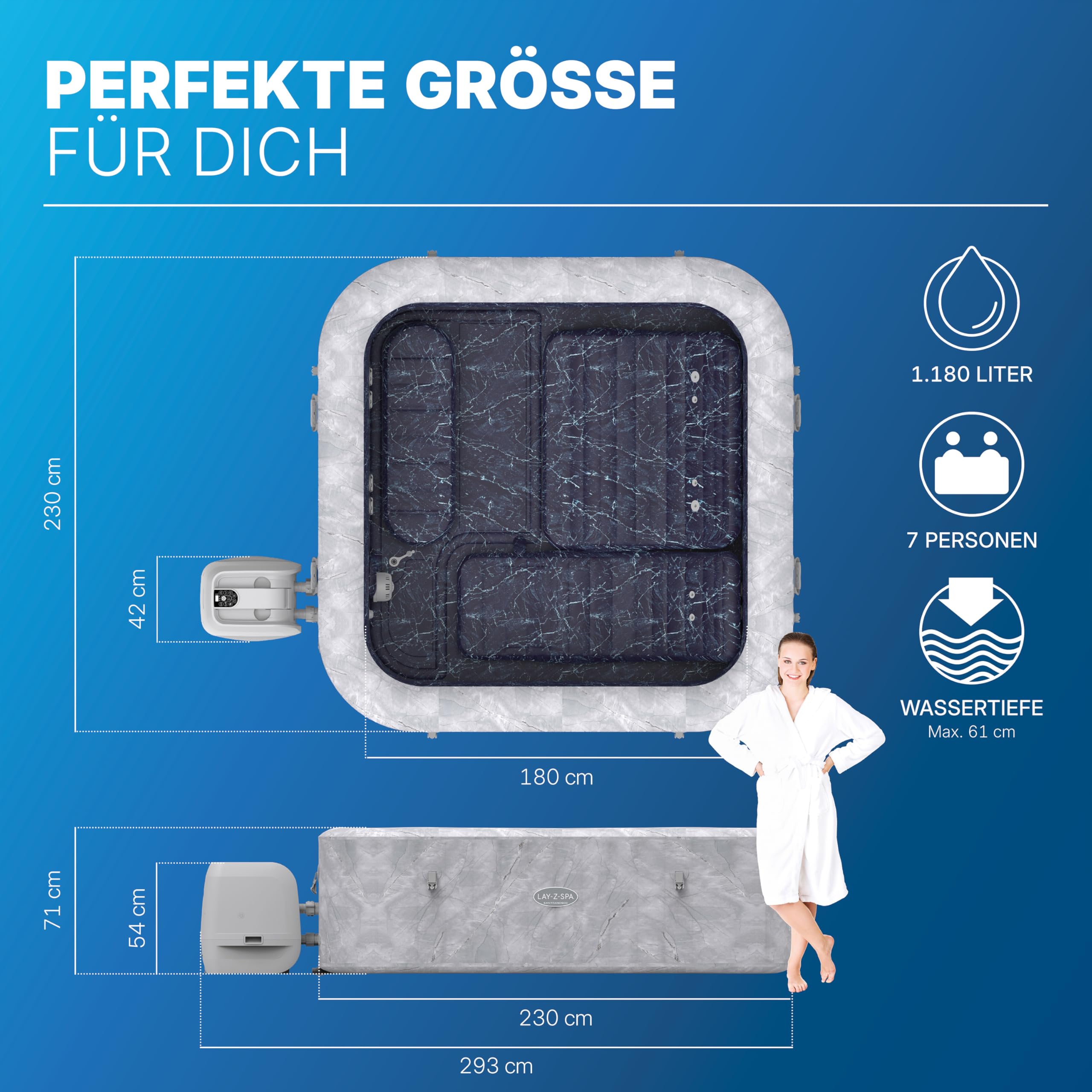 Bestway® Lay-Z-SPA® Energiespar-Whirlpool San Francisco HydroJet Pro™ mit App-Steuerung, für 7 Personen 230 x 230 x 71 cm, Marmor-Optik (Samtgrau)