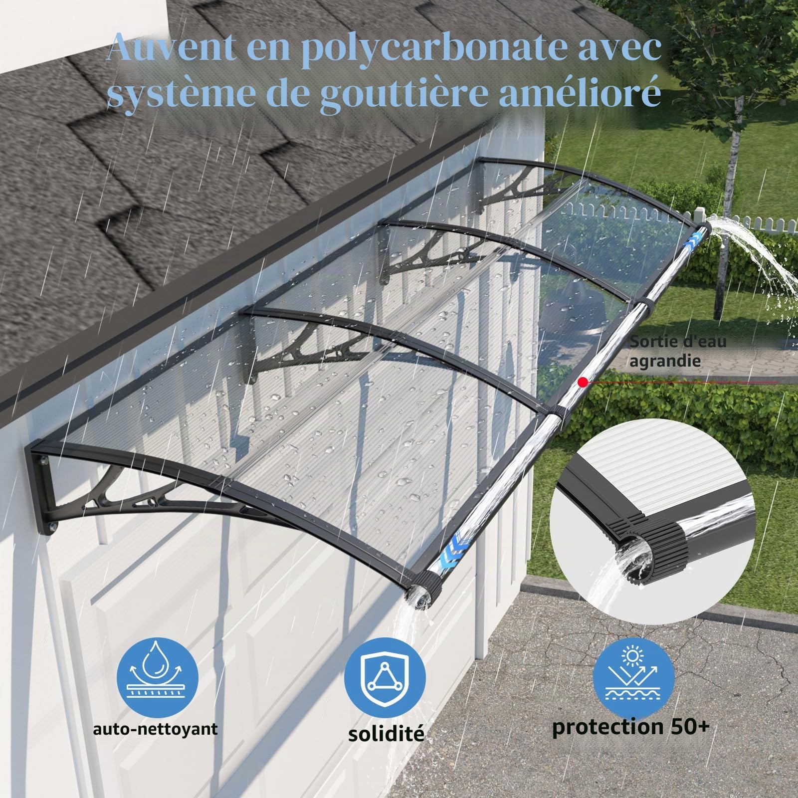 Marquise de Porte Extérieure 300x100cm Auvent avec Drainage pour Terrasse | Anti-UV pluie vent neige, Polycarbonate 5mm, Résiste aux chocs, Support ABS anti-rouille, pour Fenêtre, Balcon, Terrasse
