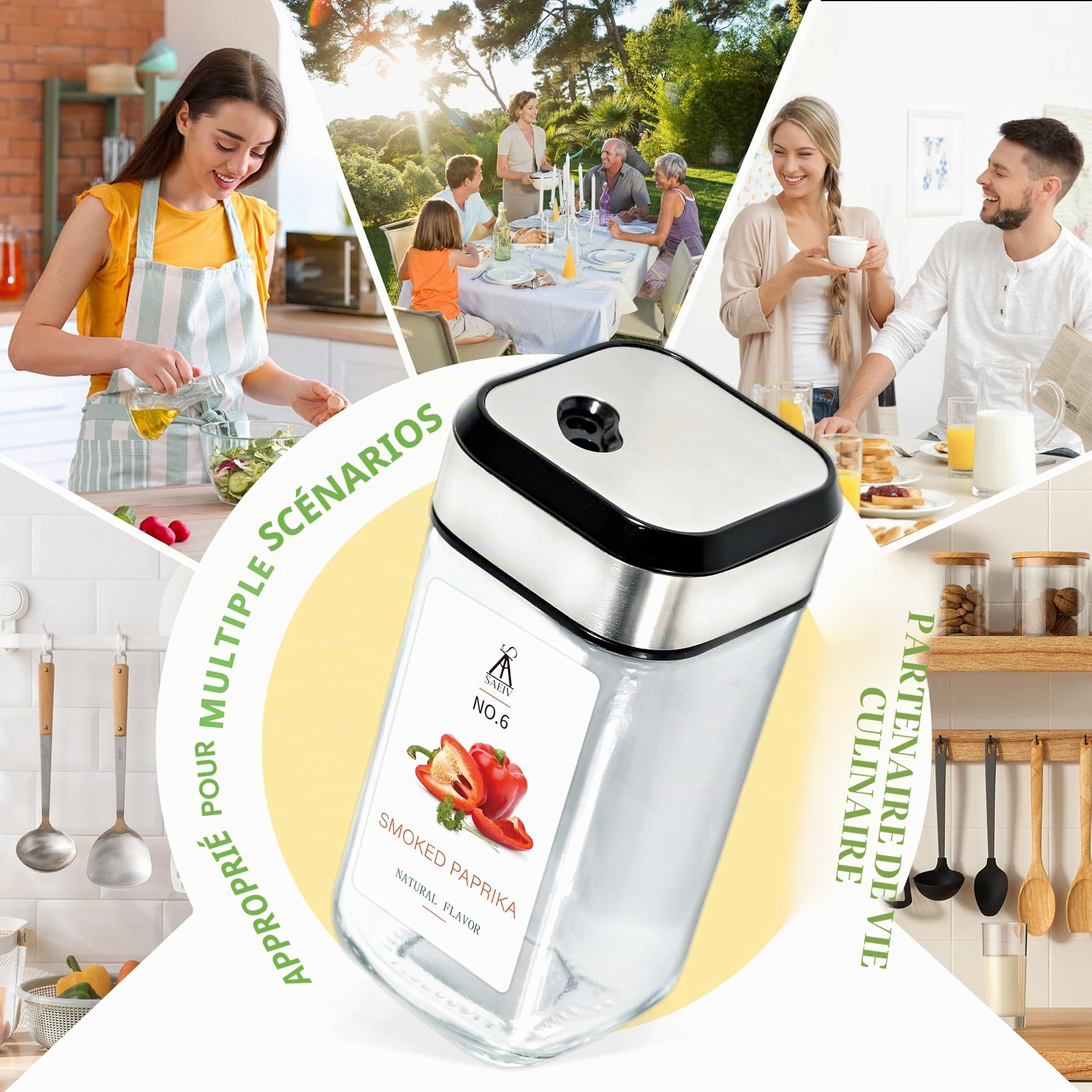 SAEIV Set de 24 bocaux à épices 120 ml, couvercles hermétiques à vis avec saupoudreur, boîtes à épices pour organiser votre cuisine, conservation des épices et herbes aromatiques, étiquettes incluses