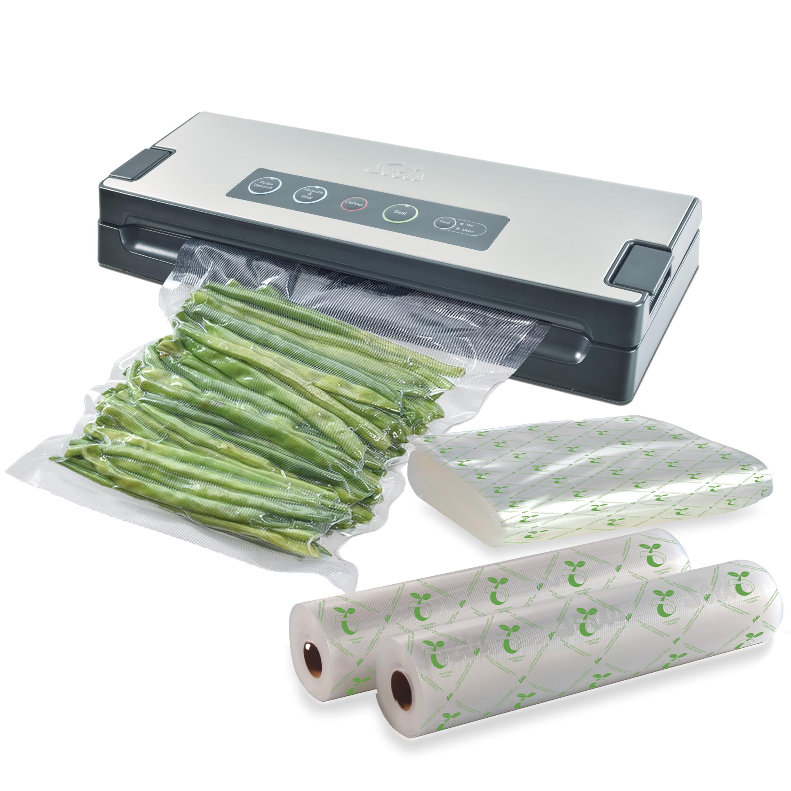 Solis Vac Premium Machine à emballer sous vide avec fonction Pulse, pack avantageux avec films et sacs compostables, appareil de mise sous vide pour aliments, accessoires de cuisine, idéal pour sous
