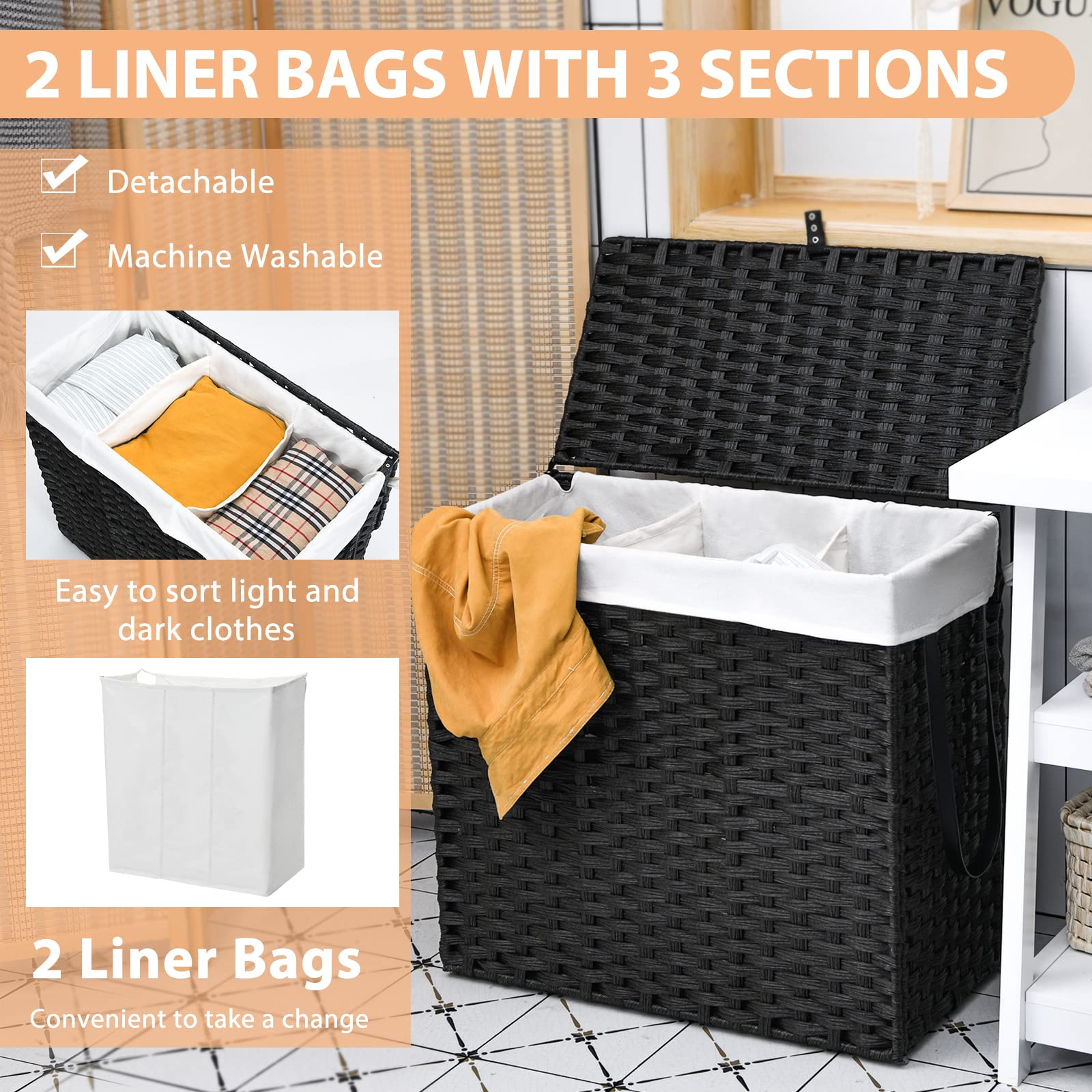 Giantex Laundry Hamper with Wheels and Lid, 125L Rattan Clothes Hamper with 2 Removable Liner Bags & Handle, 3-Section Foldable Laundry Sorter, Rolling Wicker Laundry Basket for Bathroom(Black)