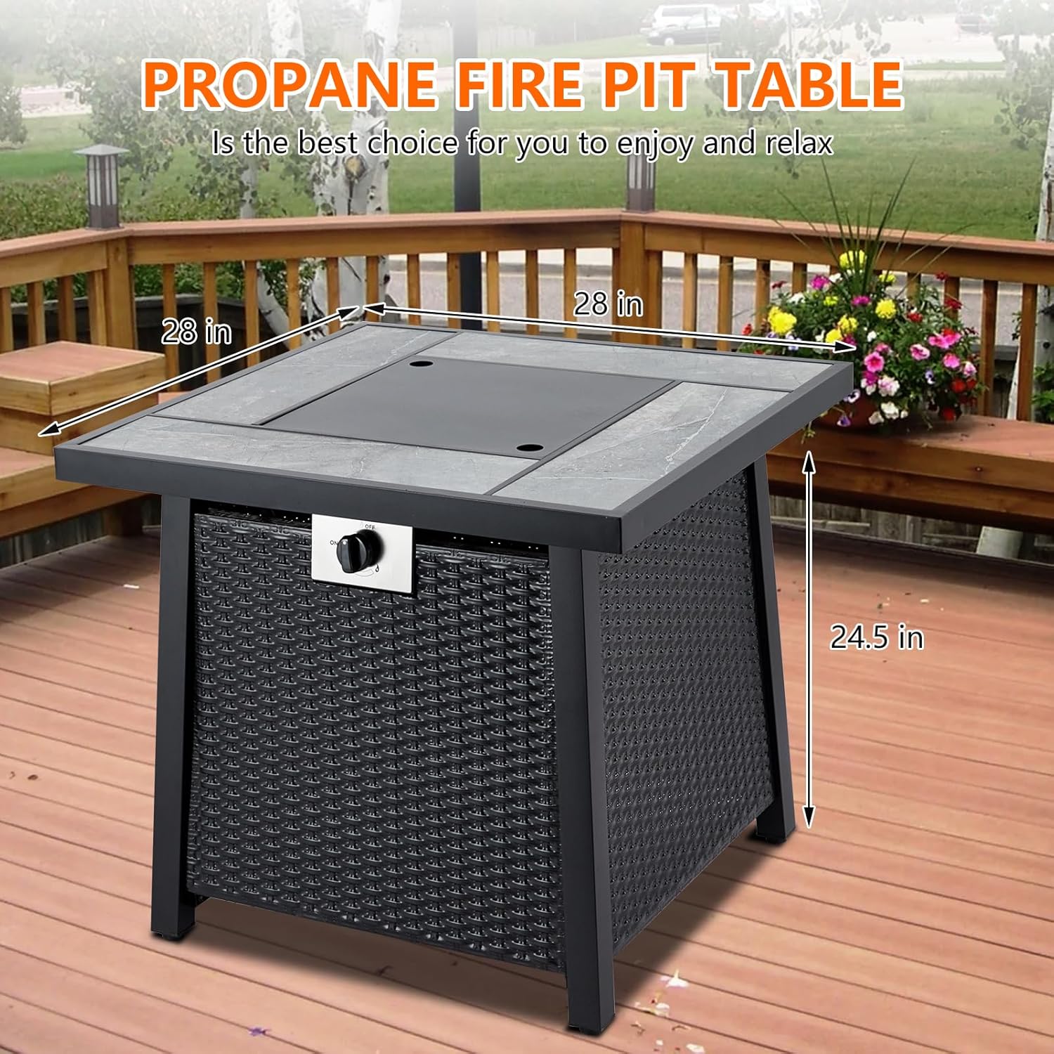 28 Inch Propane Fire Pit Table, 50000BTU Rectangle Fire Table with Cover, Sturdy Steel and Iron Fence Surface, CSA Safety Certified, Companion for Your Garden
