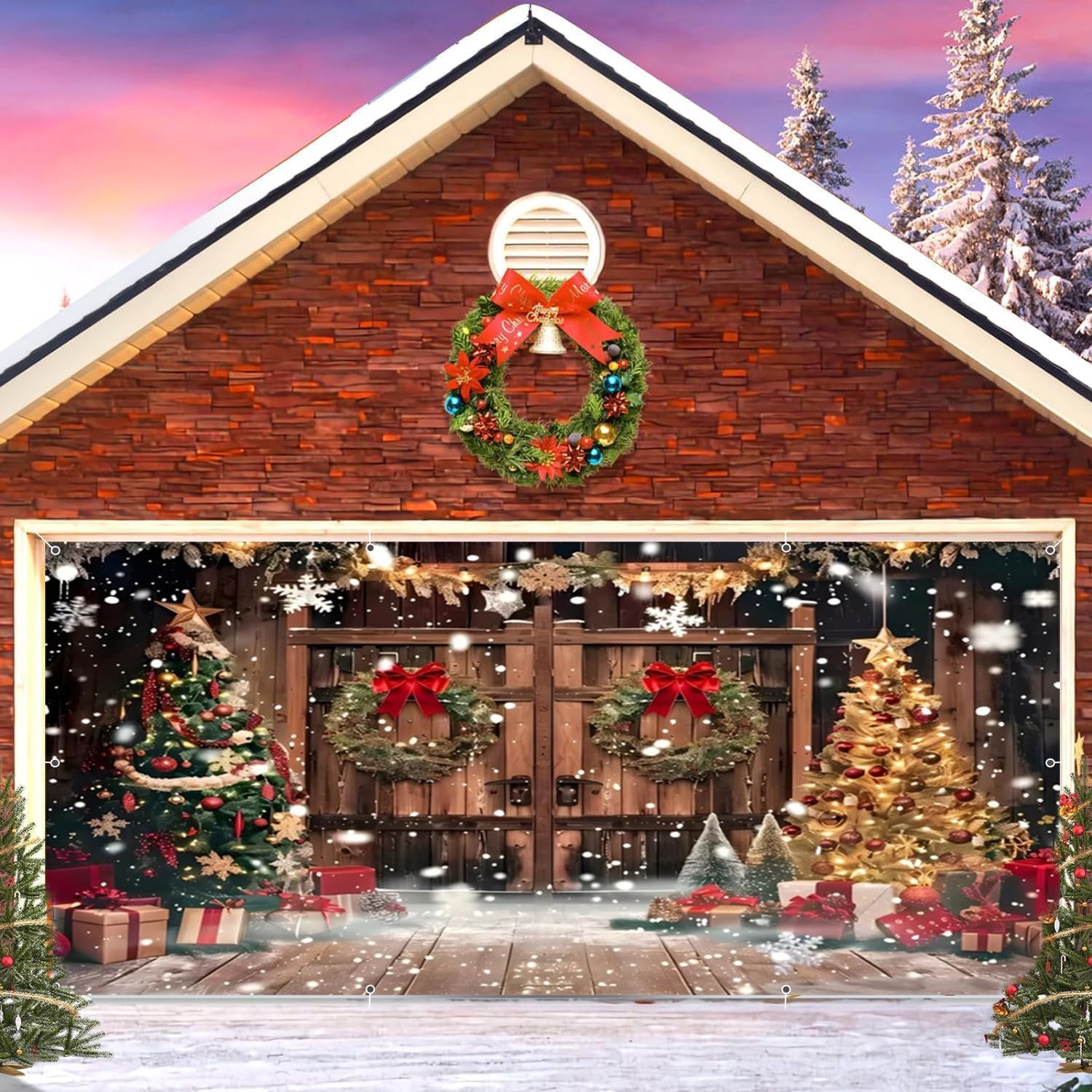Christmas Garage Door Banner Decorations 8x12ft Rustic Wooden Door Vintage Farm Barn Winter Christmas Tree Light Merry Xmas Single Garage Door Cover Outdoor Decor Party Backdrop Decorations