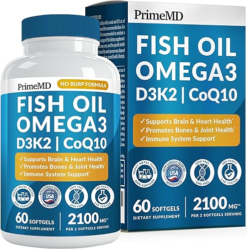 Miniatura 12 de Aceite de pescado 5 en 1 Omega 3 Suplementos grasos (2100 mg) – Aceite de pescado Omega 3 con vitaminas D3 K2 y CoQ10 – Sabor a limón (120 cápsulas