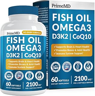 4-in-1 Fish Oil Omega 3 Fatty Supplements (2100mg) - Omega 3 Fish Oil with Vitamins D3 K2 and CoQ10 - Lemon Flavored (60 softgels)