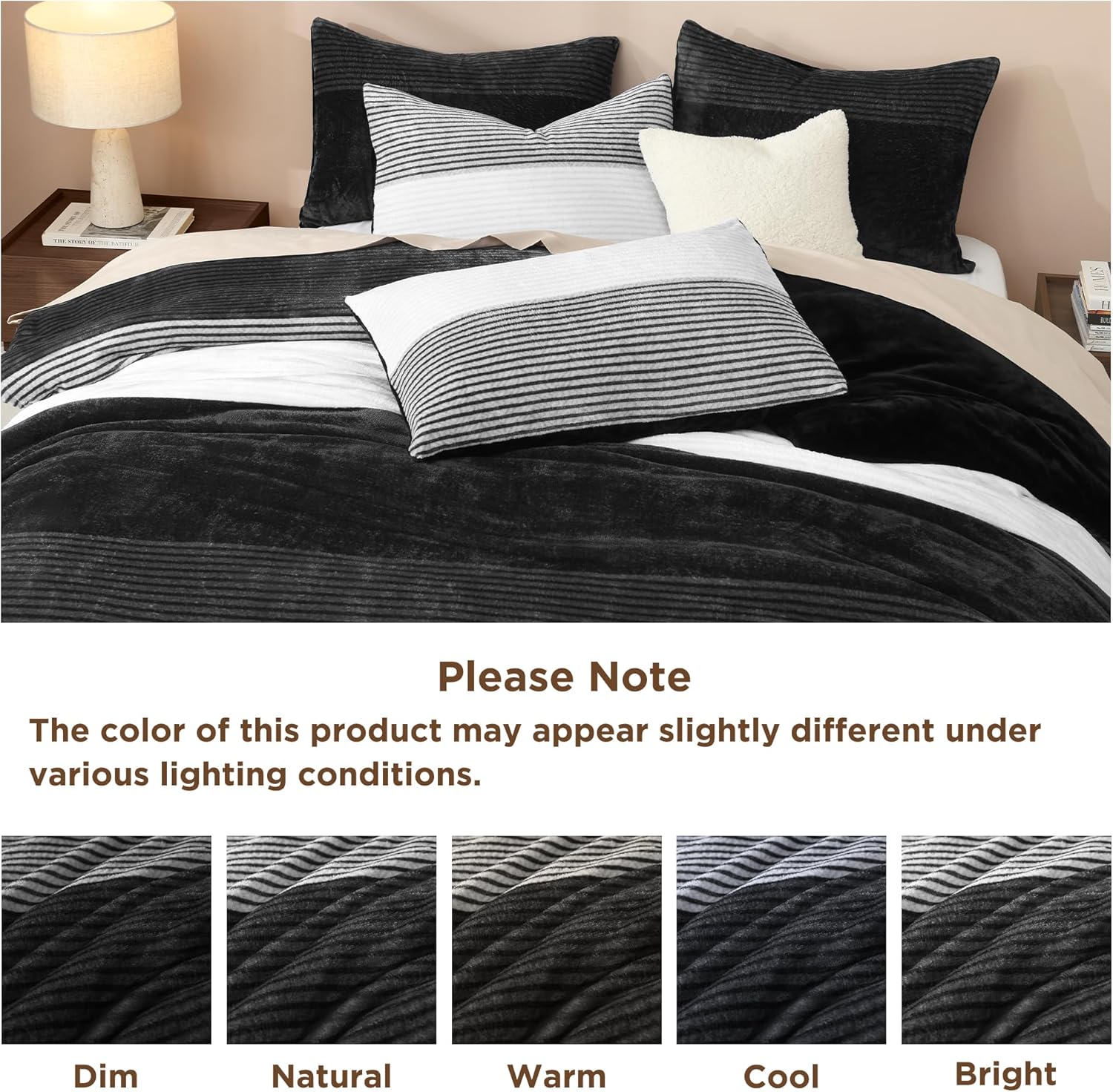Litanika Fluffy Fleece Queen Comforter Set, Luxury Soft Plush Fuzzy Black & White Stripe Bedding Comforter Sets, Warm Shaggy Faux Fur Bed Set All Season (1 Comforter, 2 Pillowcases) - Image 8