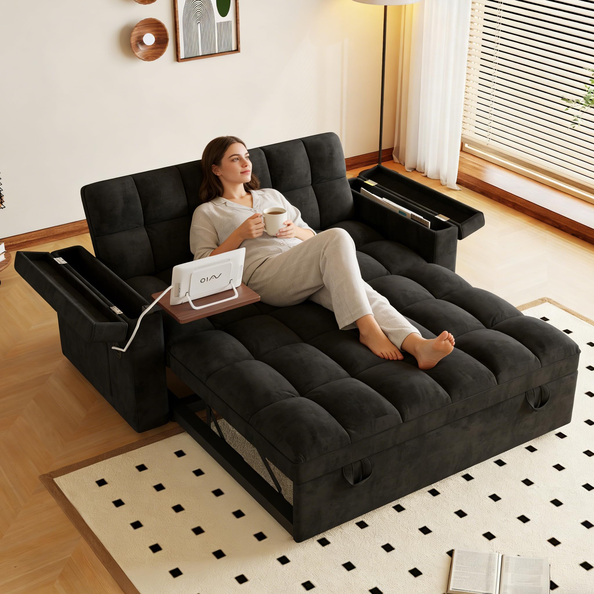 65" Compact 3-in-1 Sofa Bed, Pull-Out Loveseat Sleeper with Built-in USB Ports, Side Table & Storage Arms, Velvet Couch for Studios, Home Office & Guests