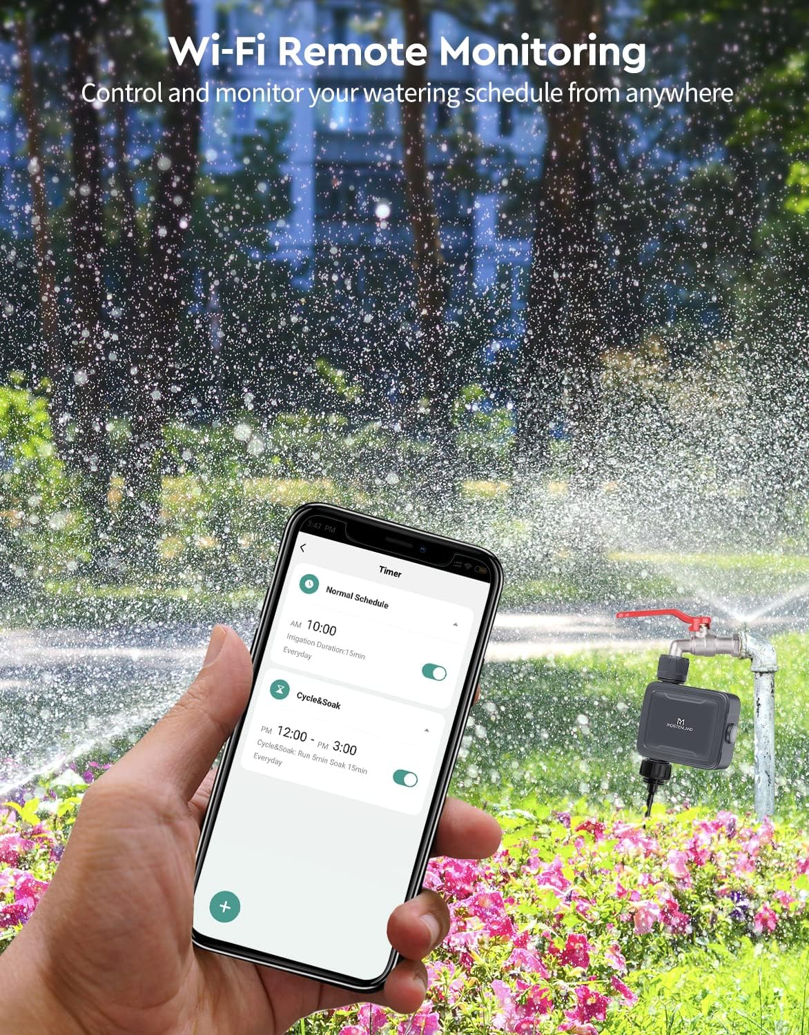 A hand holding a smartphone displaying the Tuya app with watering schedules, against a background of a garden being watered by sprinklers.