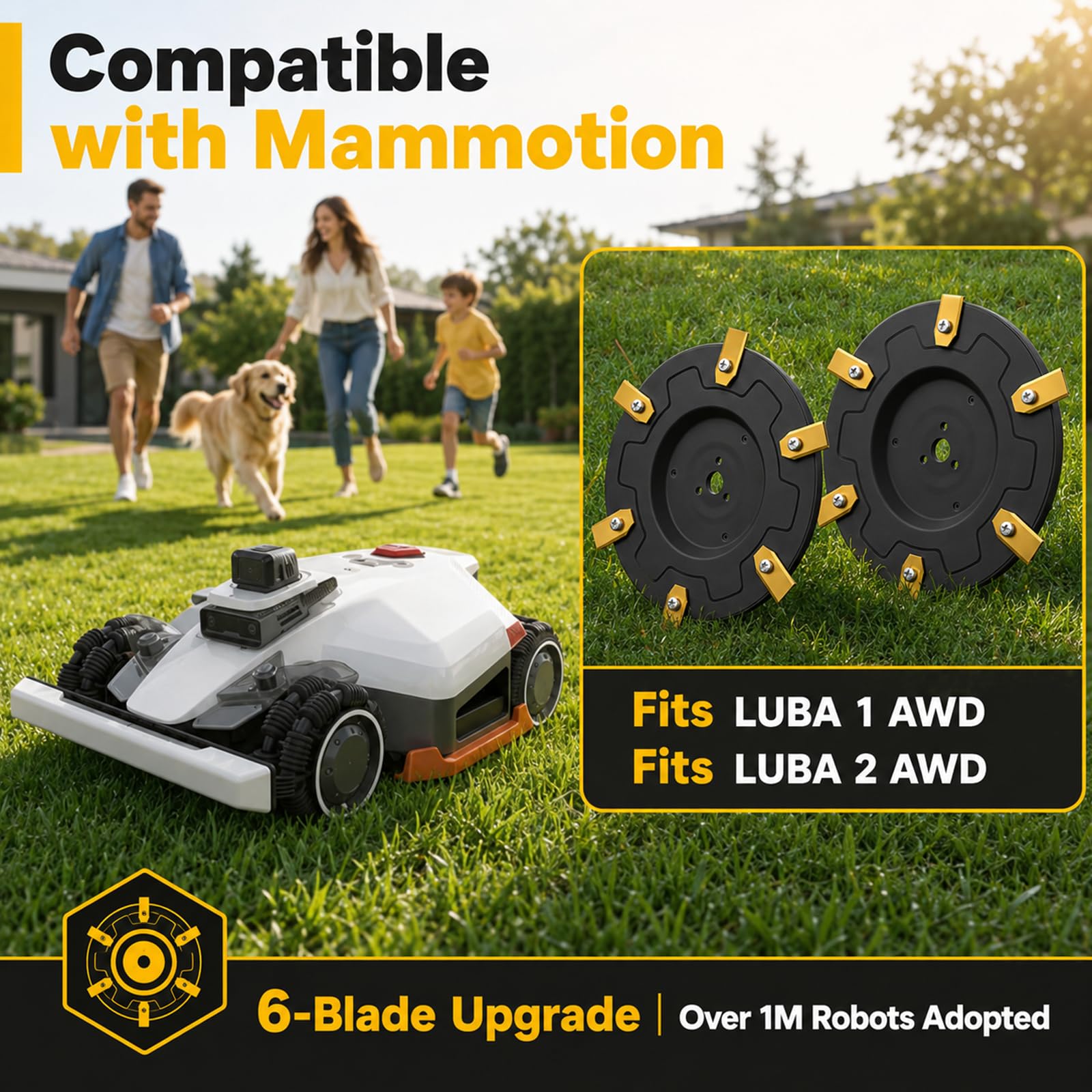 Juego de 2 bandejas de corte de 6 cuchillas + 24 cuchillas de repuesto, compatibles con Mammotion LUBA 1 AWD y LUBA 2 AWD, discos reforzados de fibra de vidrio, accesorios premium para cortapelos