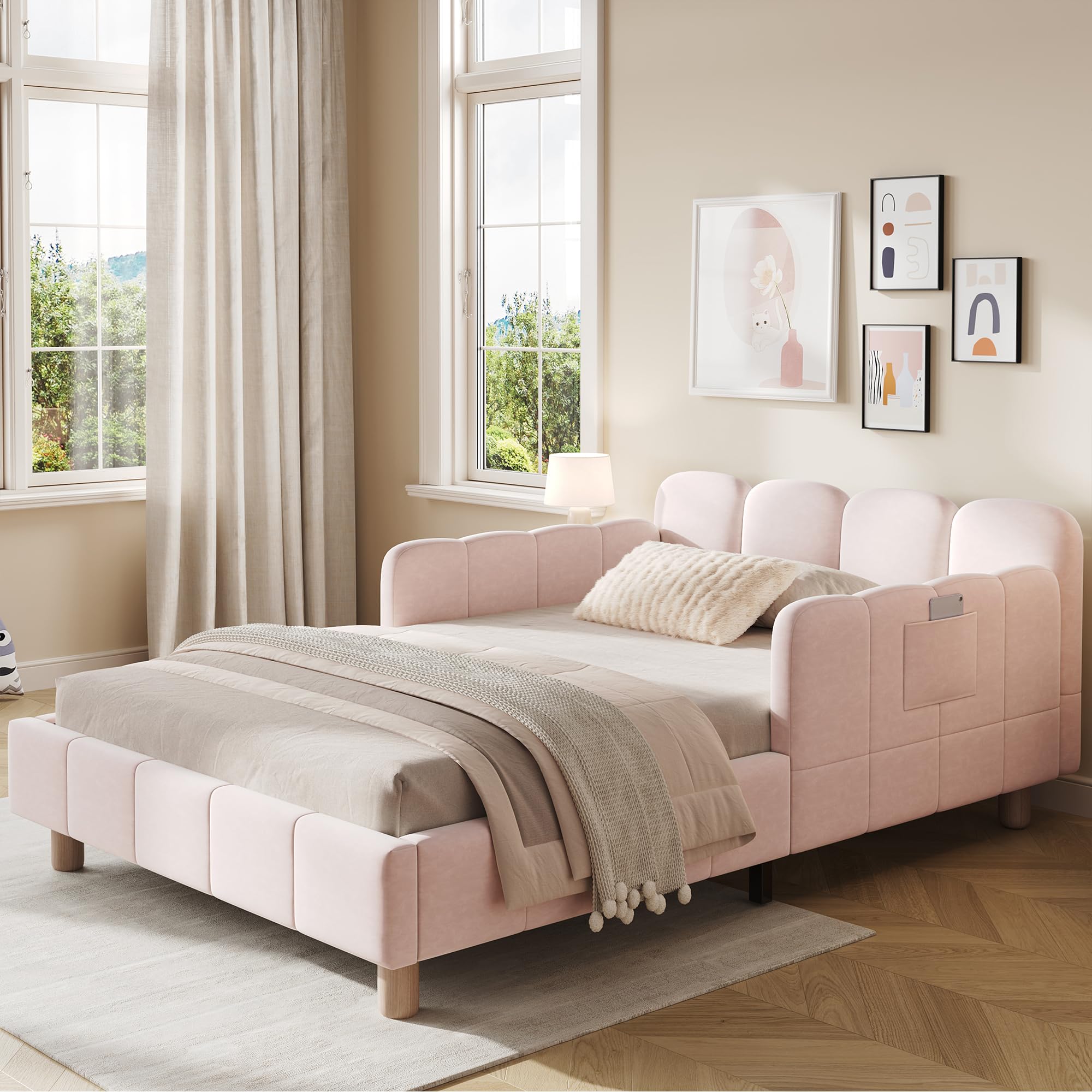 ModernLuxe 3FT Upholstered Single Bed Frame with Safety Rail, Velvet Children’s Bed with Soft Headboard & Solid Wood Legs, 90x190 cm Sofa Bed, Pink