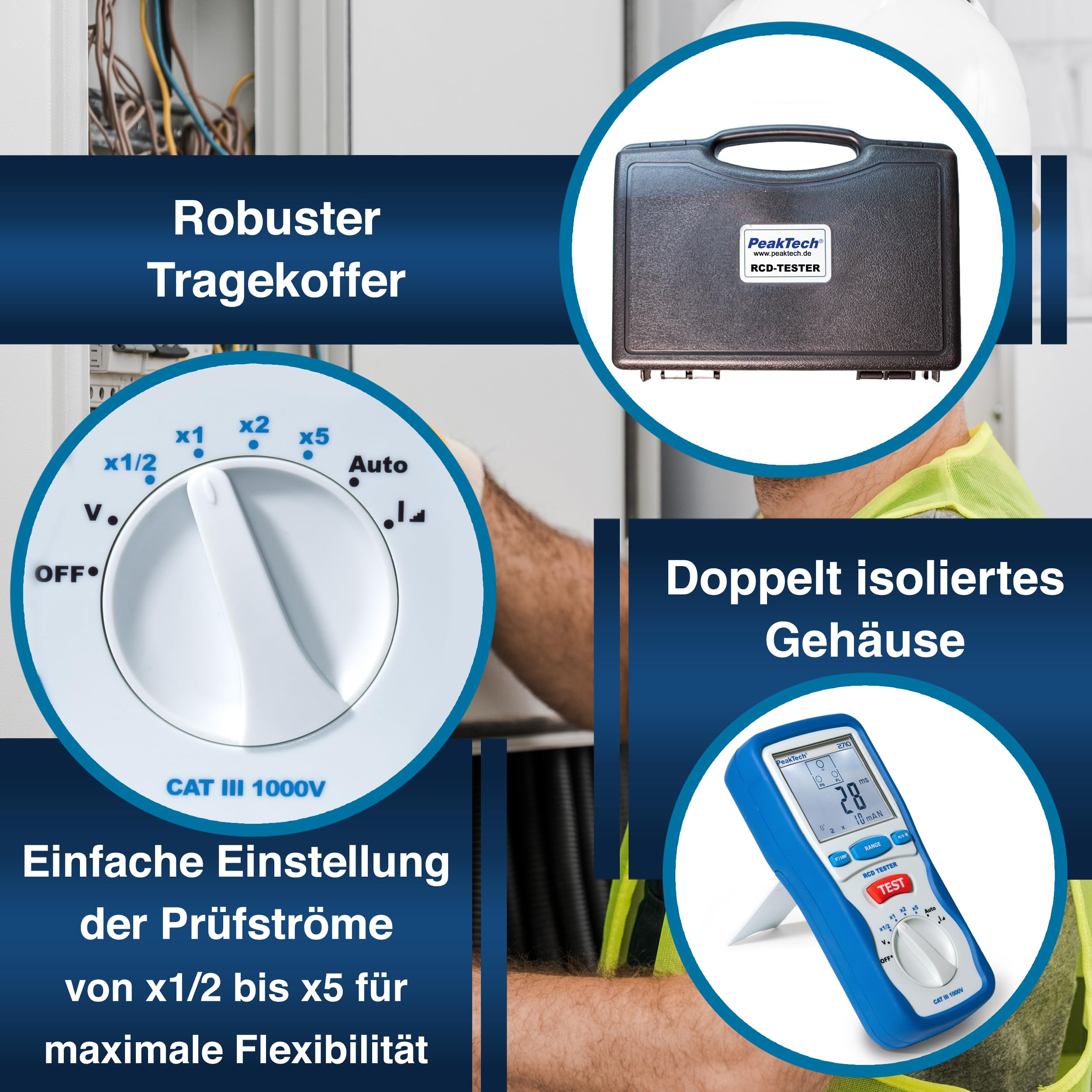 PeakTech P 2710 – Digitaler FI Tester für Auslösecharakteristik 230V/50hz mit LCD-Display, Steckdosentester mit RCD-Prüfung – Mit Fehlerstrom Schutzschalter & doppelt isoliertem Gehäuse – CAT III 600V
