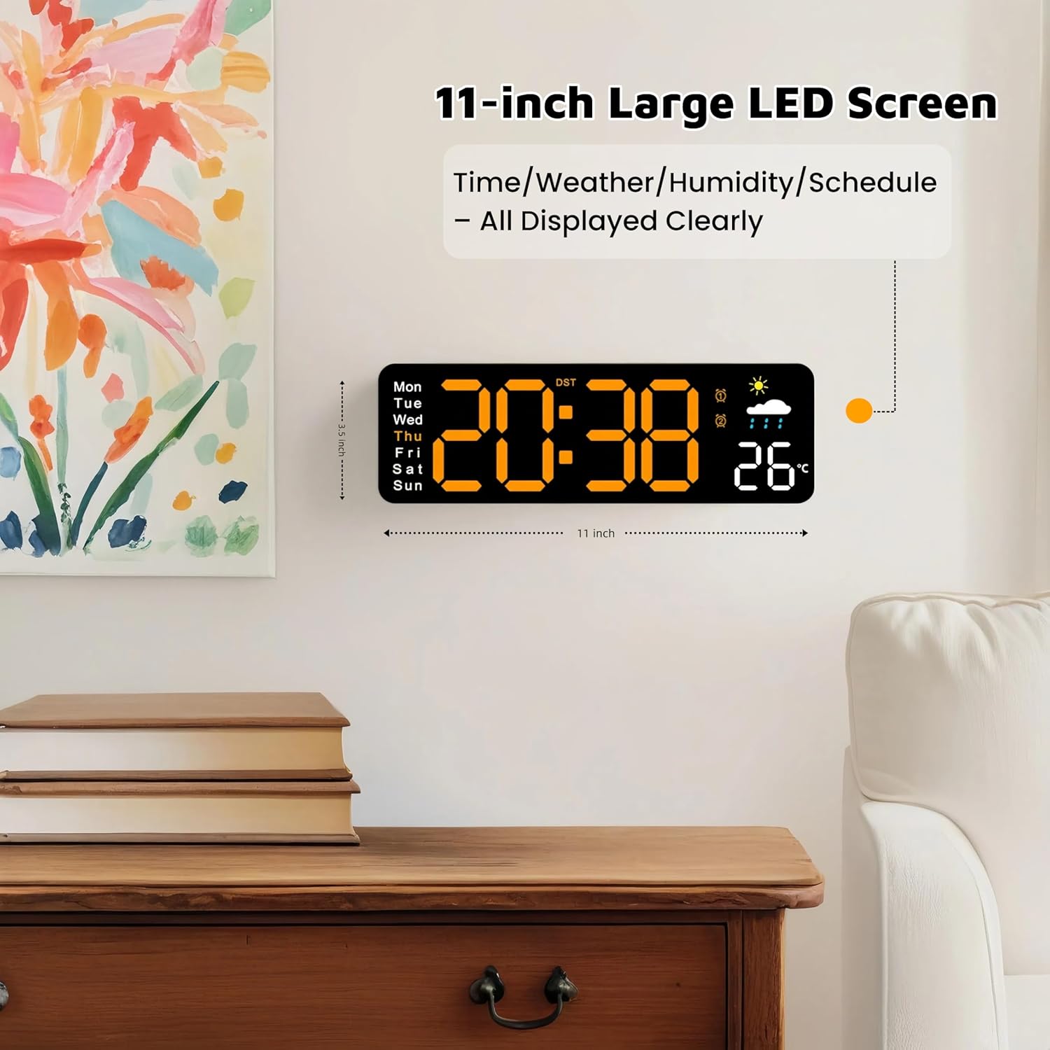 Large LED Digital Wall Clock with Alarm Timer - Auto Dimming Clock with Temperature, Weather and Calendar, Remote Control, Classroom Décor, for Bedroom, Office, Living Room (Orange)