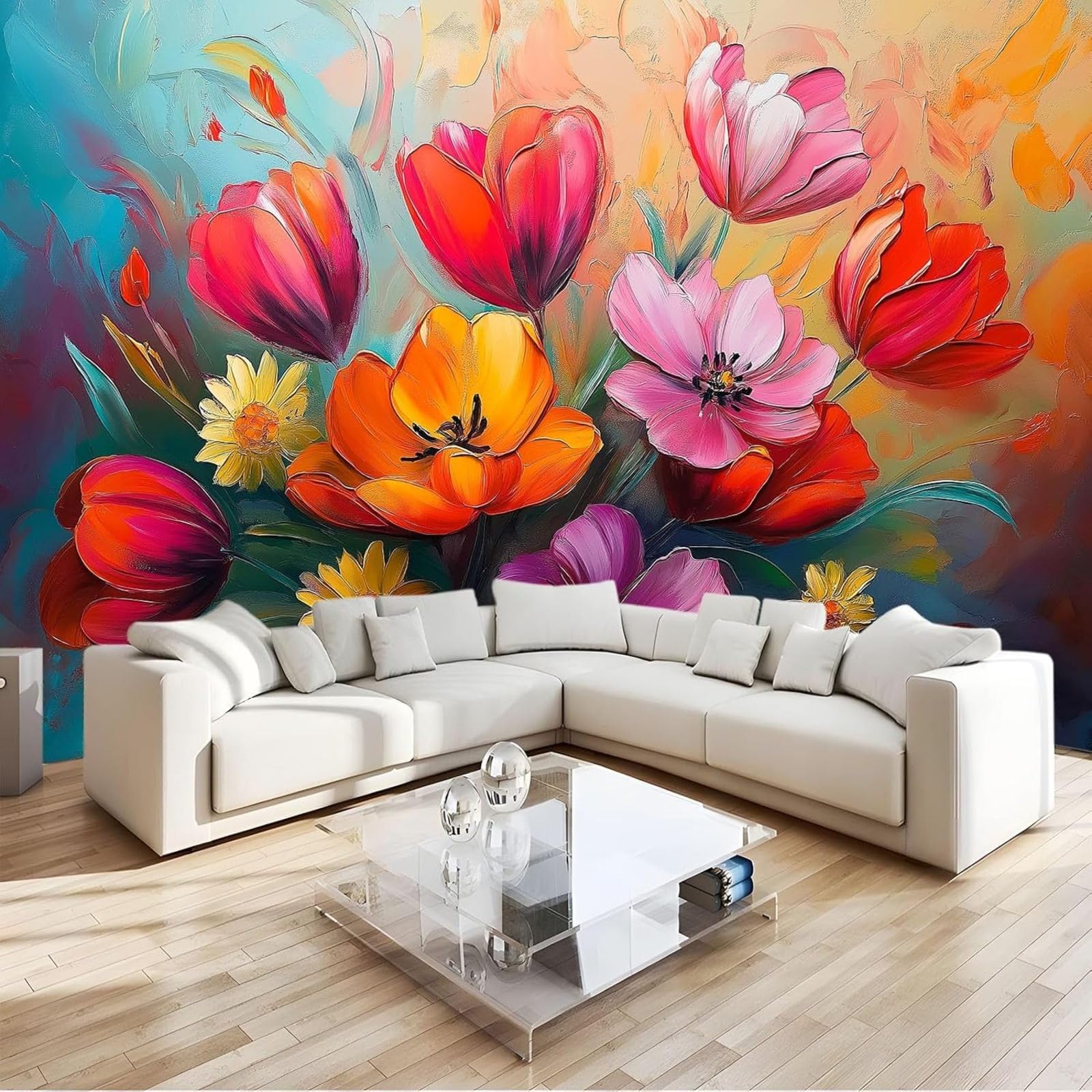 Kfjhgbdshhj 3D Mural Photo Wallpaper Oil Painting Abstract Tulips Non-Woven Wallpaper Living Room Bedroom Art Wall Wallpaper Wall Decoration Wallpaper, Color, 400Cm X 280Cm