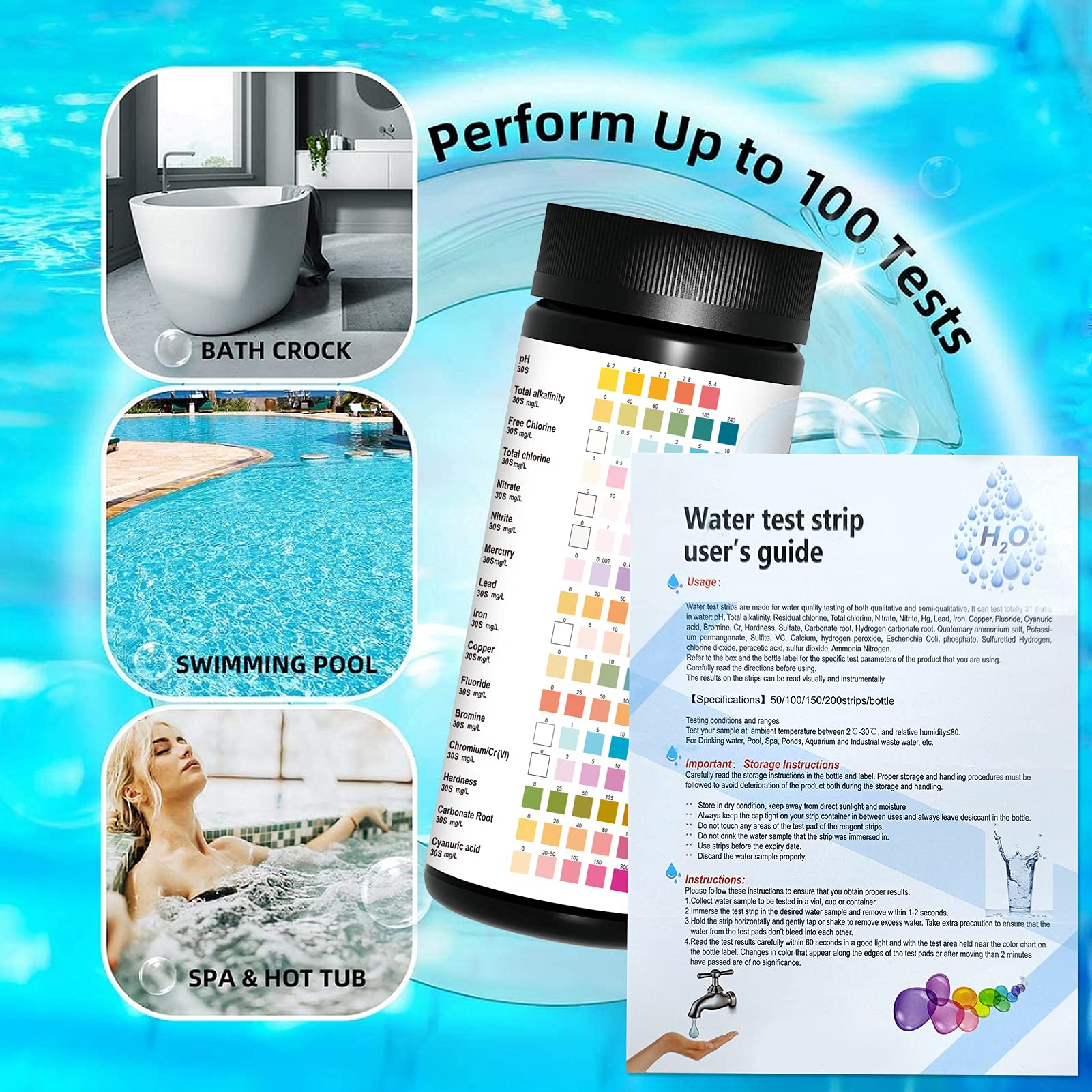 Watertest, 16-in-1 watertester, drinkwater, 100 stuks, zwembadteststrips, spa, whirlpool teststrips, pH-teststrips, watertester voor fonteinwater en leidingwater en zwembad (16-in-1