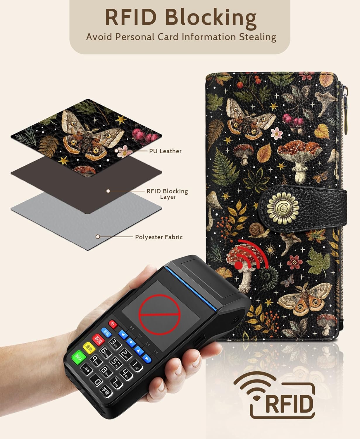 GIANCOMICS Butterfly Mushroom Womens Wallet RFID Blocking, Credit Card Holder Bifold, PU Leather Travel Billfold, Cute Cash Purse, Zipper Coin Pocket Clutch, 11 Card Slots, Ladies Gift Woman - Image 4