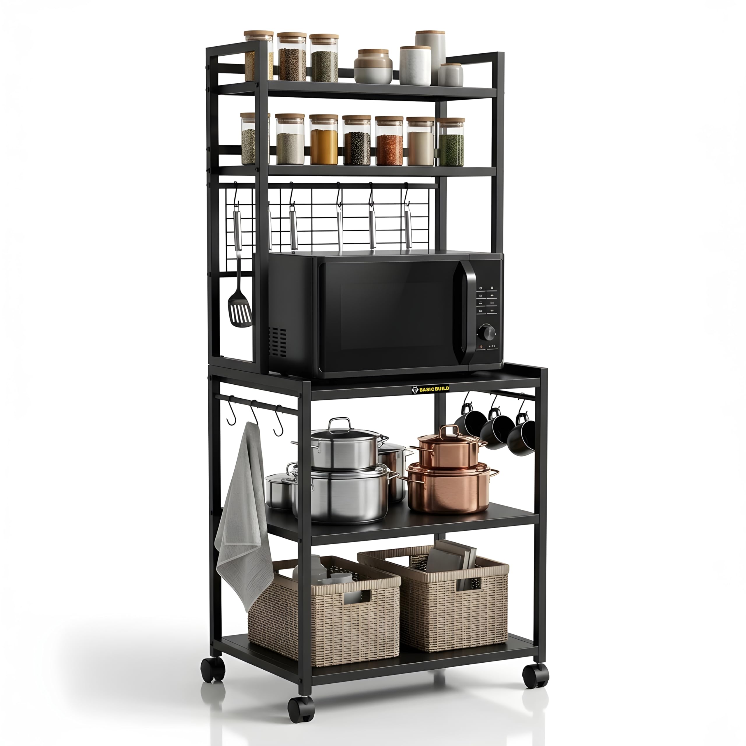 Heavy Duty Metal Microwave Oven Stand with Storage Shelves & Hooks | Multi-Tier Kitchen Rack with Wheels | Organizer for Oven & Appliances (MS 5 Black)-image-27