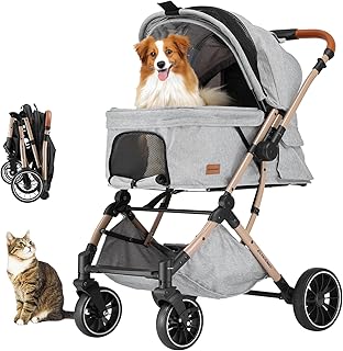 EchoSmile Carrito para Perros y Gatos Plegable con un Botón, Carro Perro 20 kg, Coche para Perros con Mango Reversible, Absorción de Impactos y Almohadilla Lavable Extraíble (Gris)