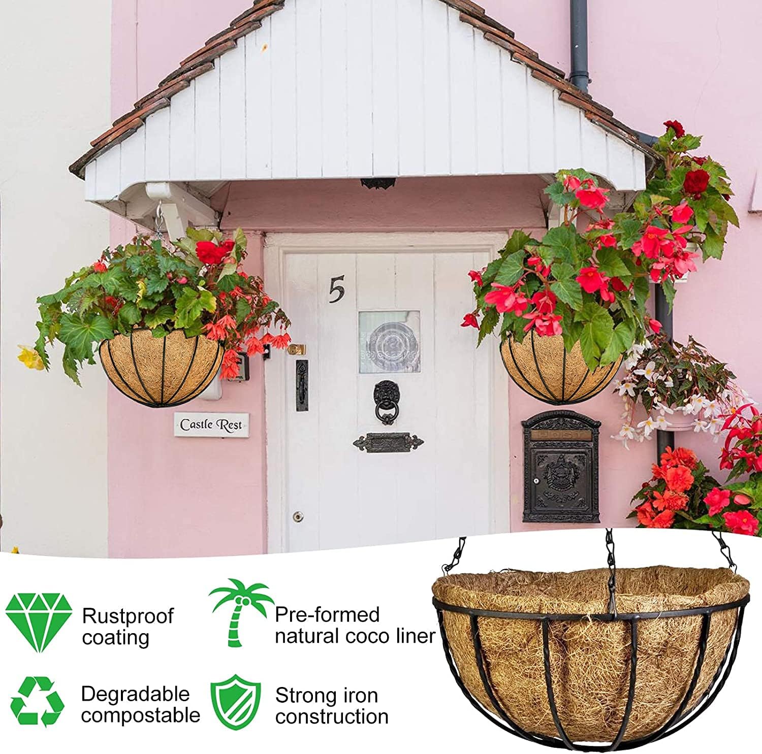 GXF Hanging Planter Baskets, 3 Packs 12 Inch Metal Hanging Baskets with Coconut Coir Liner and Black Chain for Porch Pot Hanger Garden Decoration Indoor Outdoor Plant Flower Pot