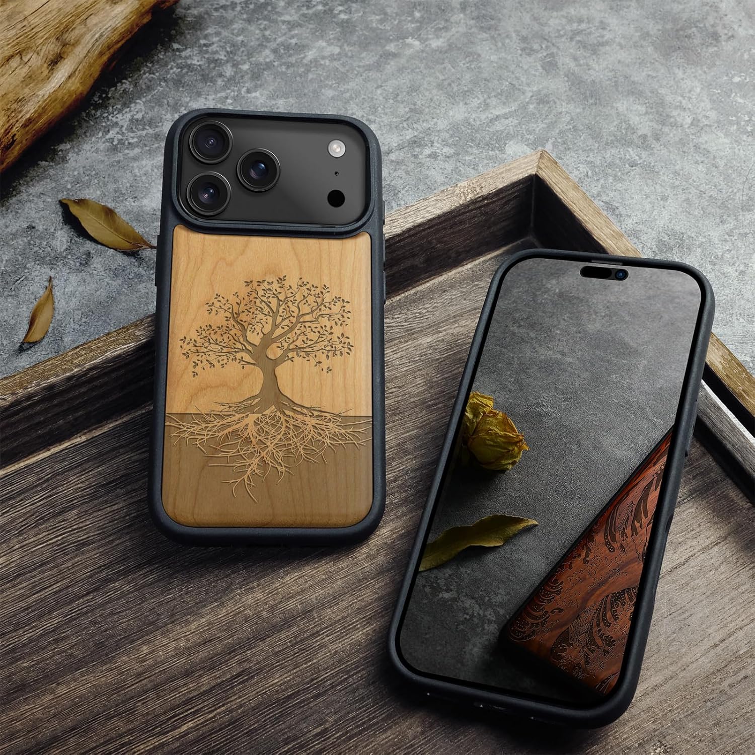 Carveit Magnetic Wooden Case for iPhone 17 Pro Max Case, Wood Artisan Engraved & Black Soft TPU Shockproof Cover, Compatible with MagSafe Wireless Chargers (The Yin Yang Tree) Cherry