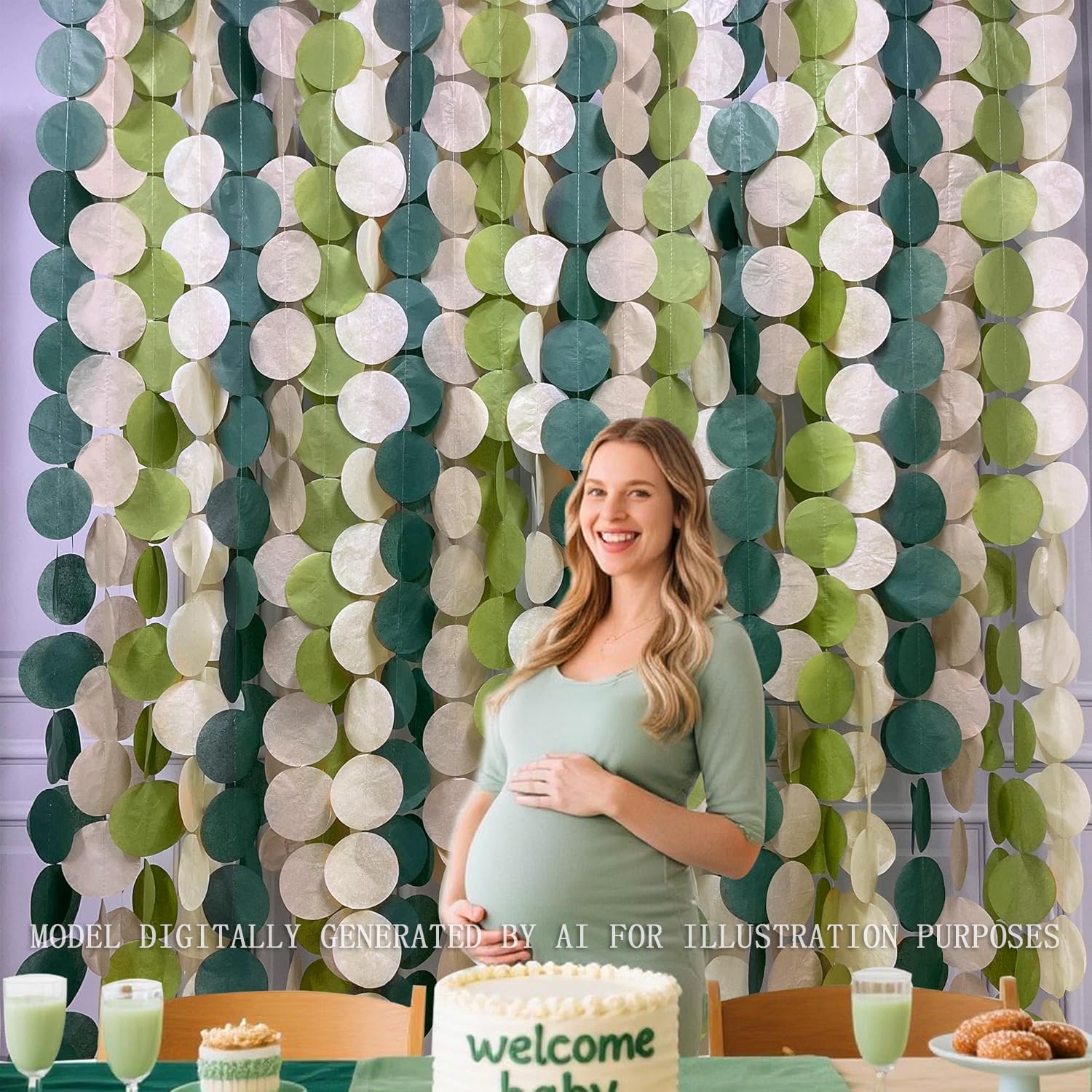 Hintergrund-Girlande aus Seidenpapier mit Kreisen in Salbeigrün, Olivengrün, Beige, zum Aufhängen, für Babyparty, Geburtstag, Hochzeit, Verlobung, Junggesellinnenabschied, Party-Zubehör, 62,5 m