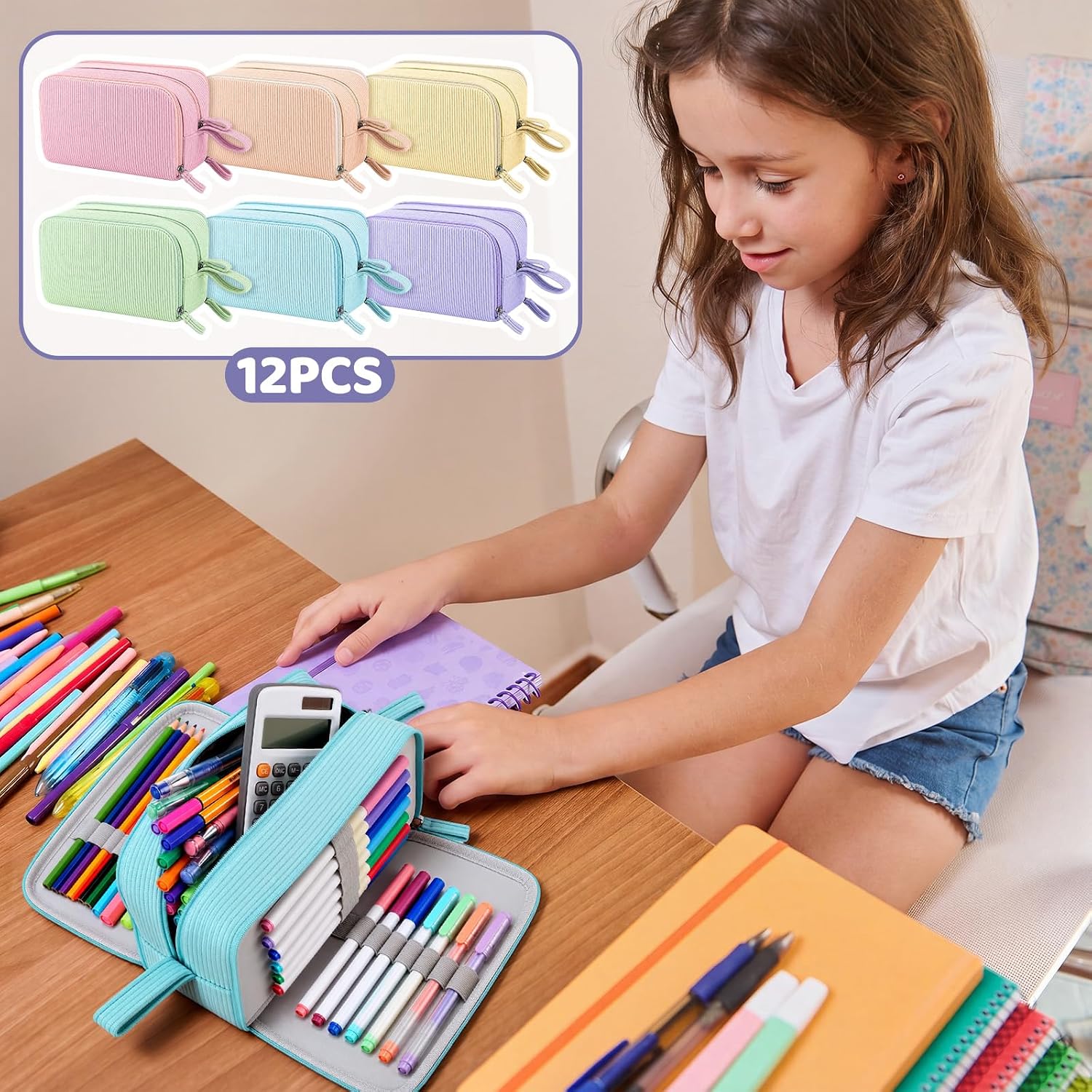 12 Pcs Corduroy Pastel Pencil Case Bulk Large Capacity Pouch