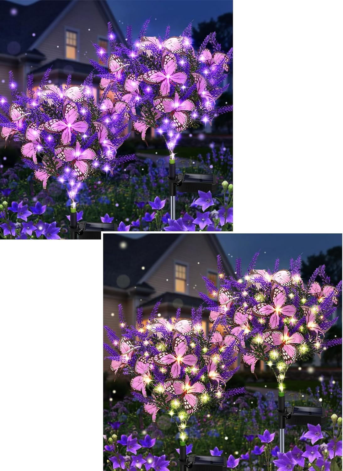 Purple Lavender Solar Flower Lights-Warm White&Purple, Gardening Gifts for Women, Purple Solar Artificial Flower with Butterfly, Butterfly Garden Decor for Lawn Patio(4pack)