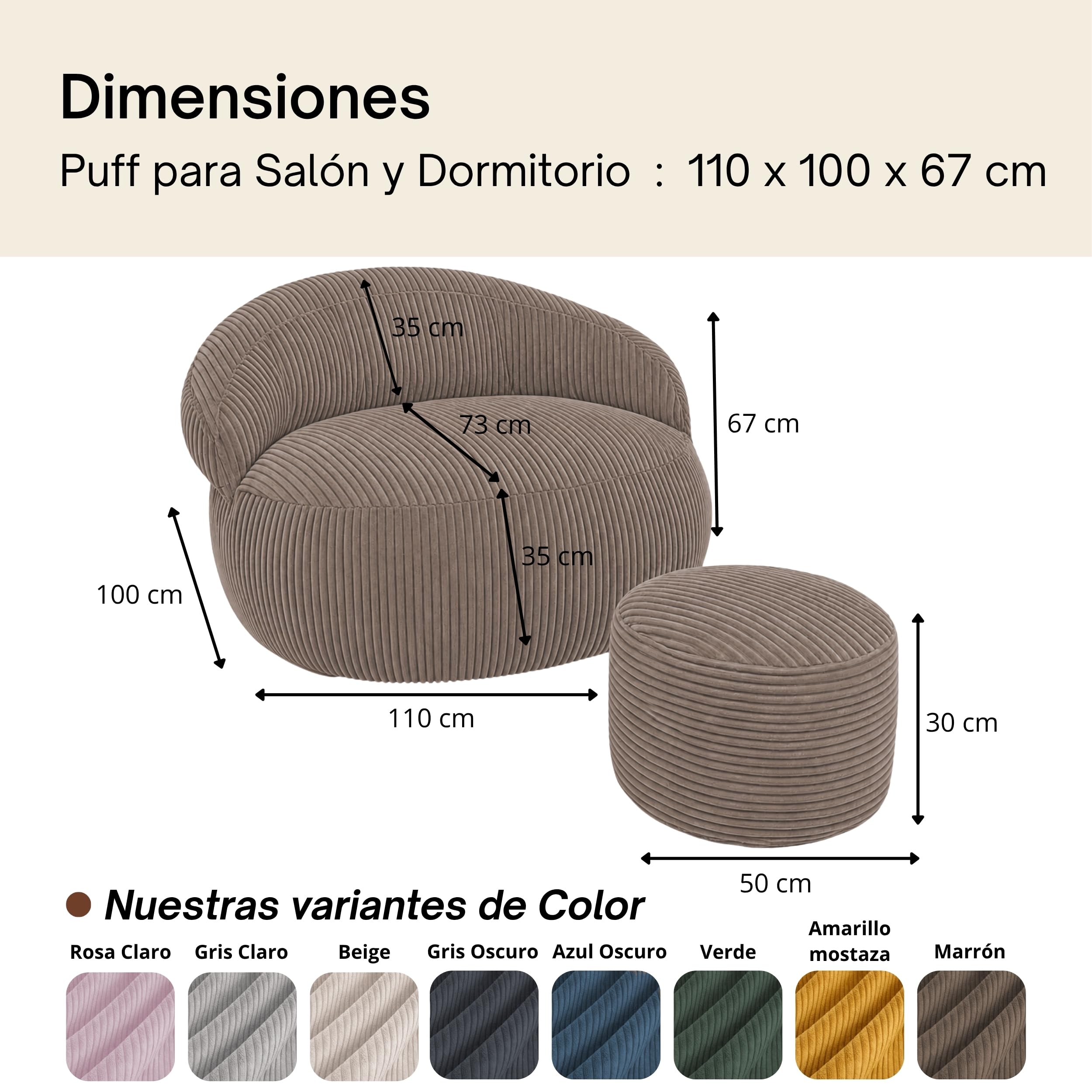 bananair – Puff Sillón para Salón y Dormitorio en Pana con Reposapiés - Puff Sillón XXL Suave - Funda Lavable - Ideal para Salón y Dormitorio, Adultos y Adolescentes (110 × 100 cm, Marrón)