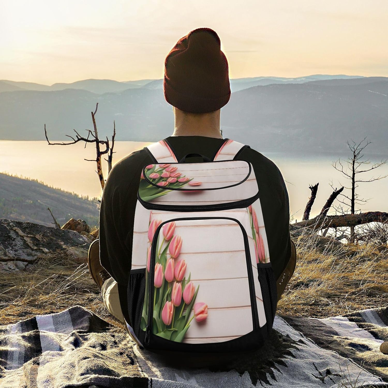 Pink Tulips Cooler Backpack 36 Cans Leakproof Waterproof Backpack Cooler Bag Beach Accessories Travel Camping Fishing Backpack for Women Men