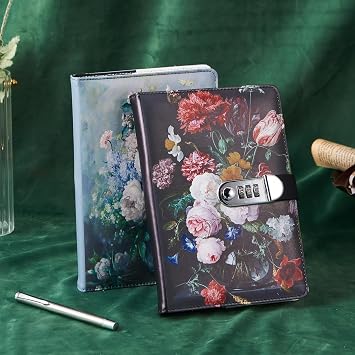 Vintage Notebook with Lock, A5 Lockable Diary(Oil Painting Flowers Style), Retro Travel Journal, Secret Girl Notebook, Daily Notepad for Office School Supplies Student Stationery