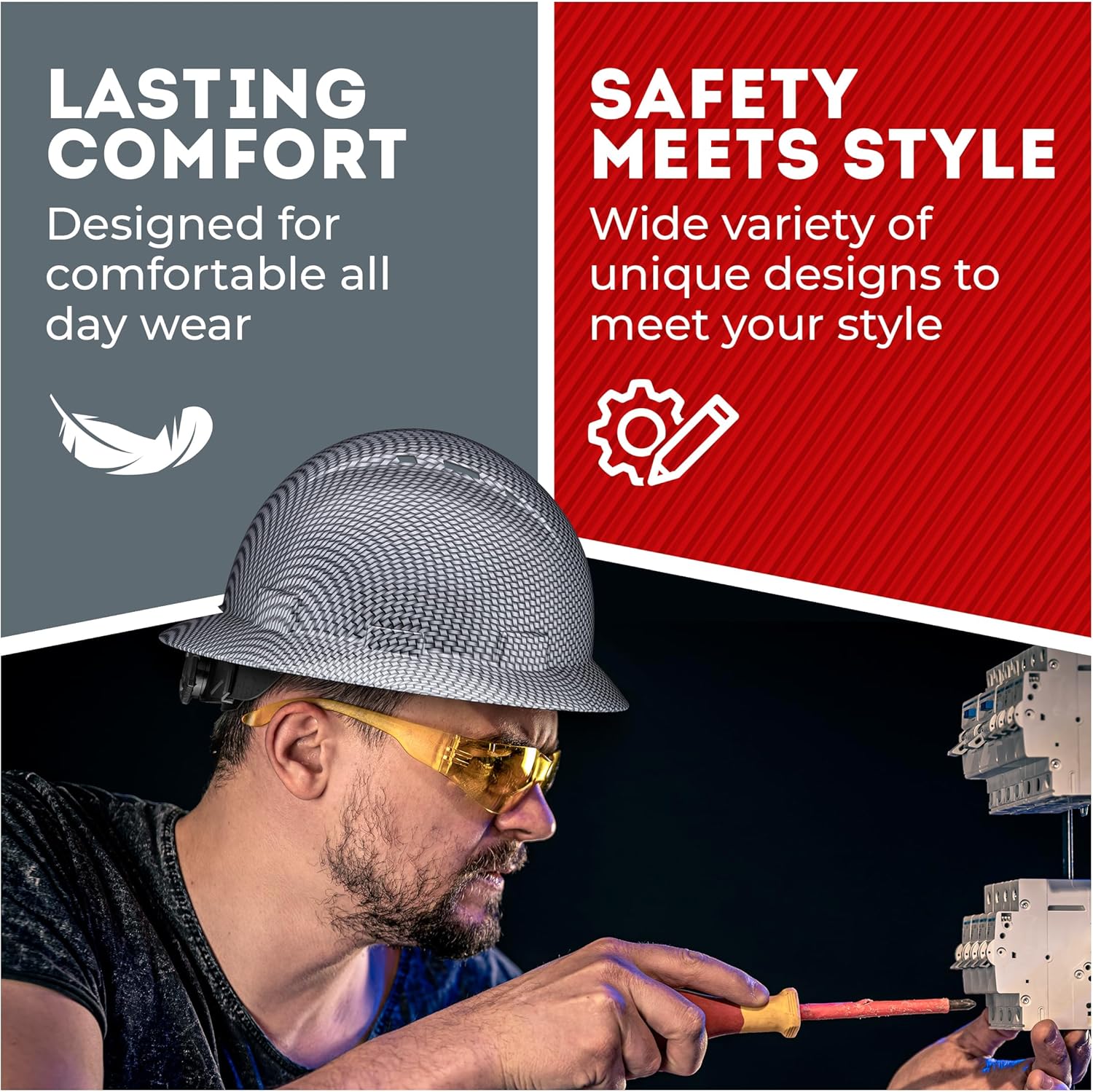 Acerpal Full Brim Vented Carbon Fiber Design Hard Hats Gloss Finish OSHA Hard Hat for Construction with 6-Point Suspension