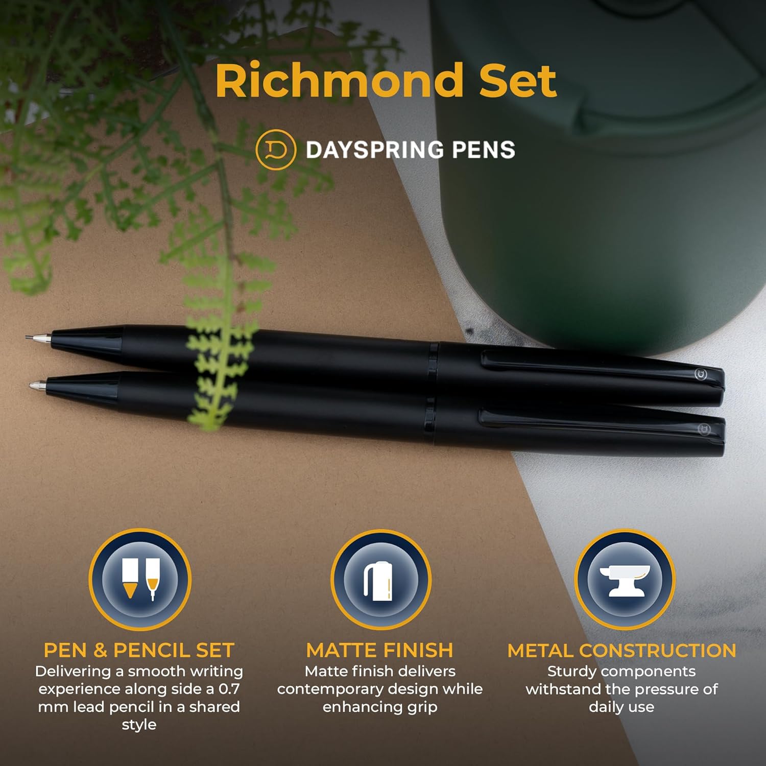 Dayspring Pens Richmond Ballpoint Pen and Pencil Set in Matte Black | Personalized/Engraved Gift Pen. Unique Gift with Engraved Name or Custom Message