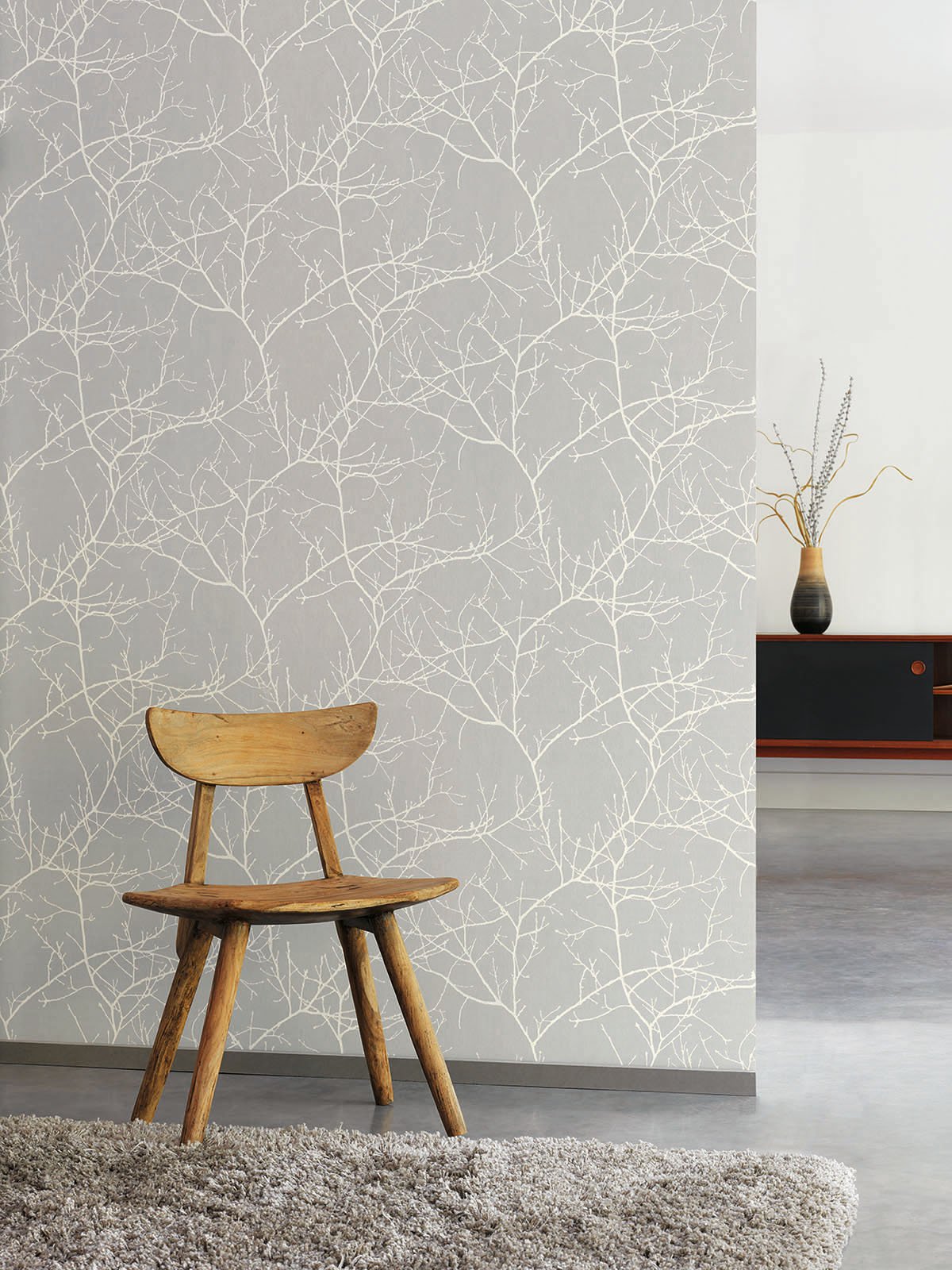 Newroom Vliestapete Vinyl Tapete mit Baummuster Grau Weiß Creme in edelster Ausführung, außergewöhnliches Tapeten Muster in moderner Landhaus Natur Optik für Design Liebhaber, inkl. Tapezier Ratgeber